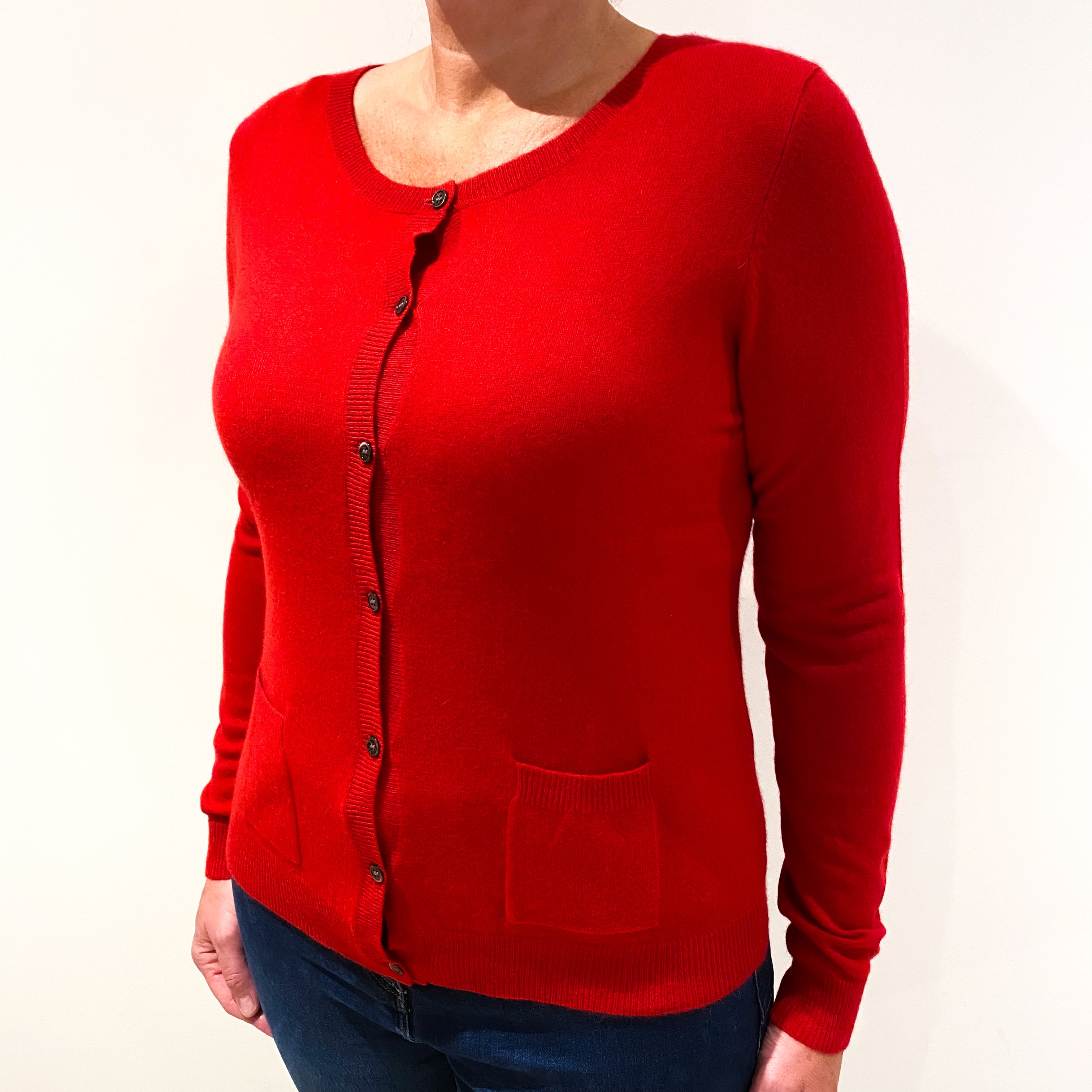 Post Box Red Cashmere Crew Neck Cardigan with Pockets Large