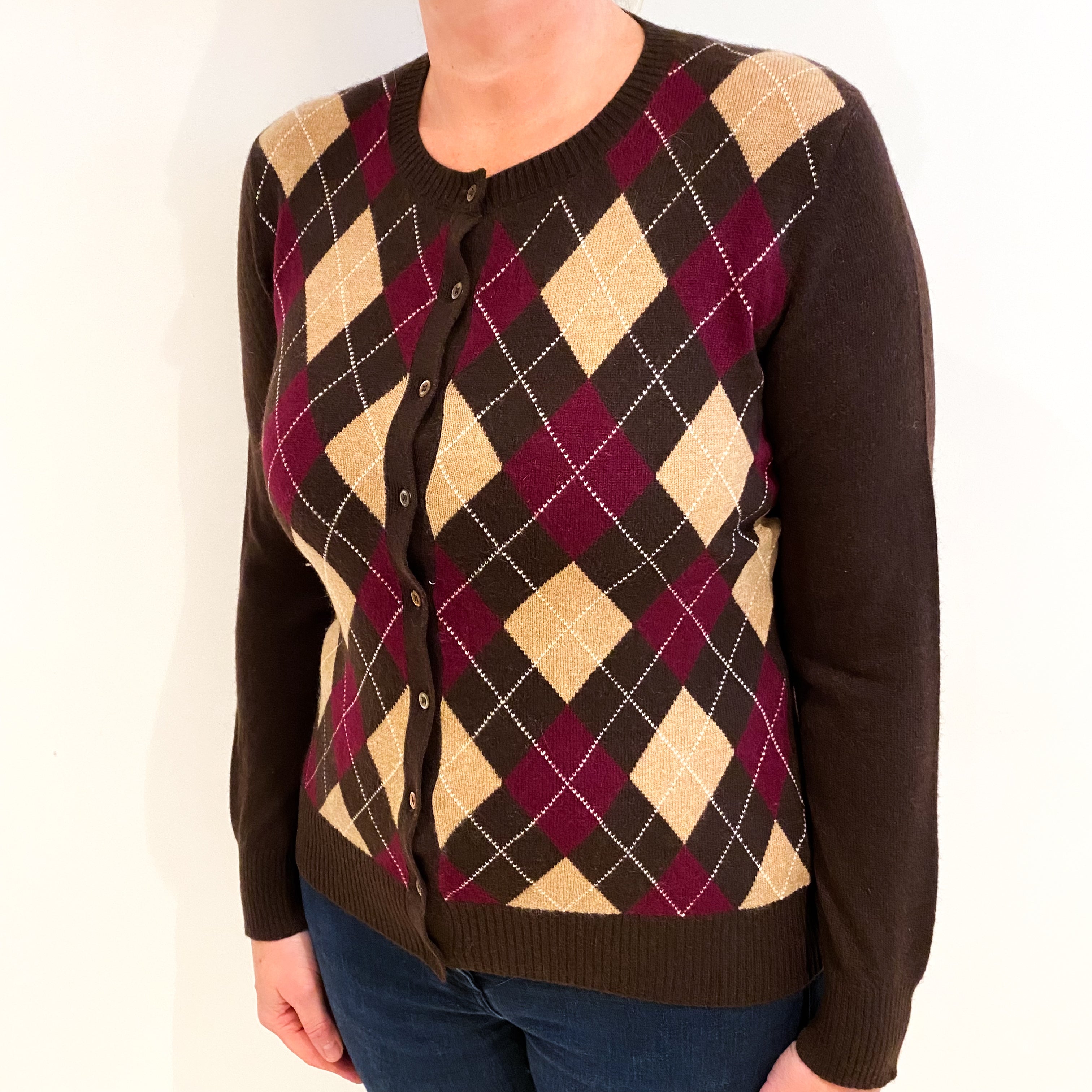 Brown Mulberry Argyle Cashmere Crew Neck Cardigan Large