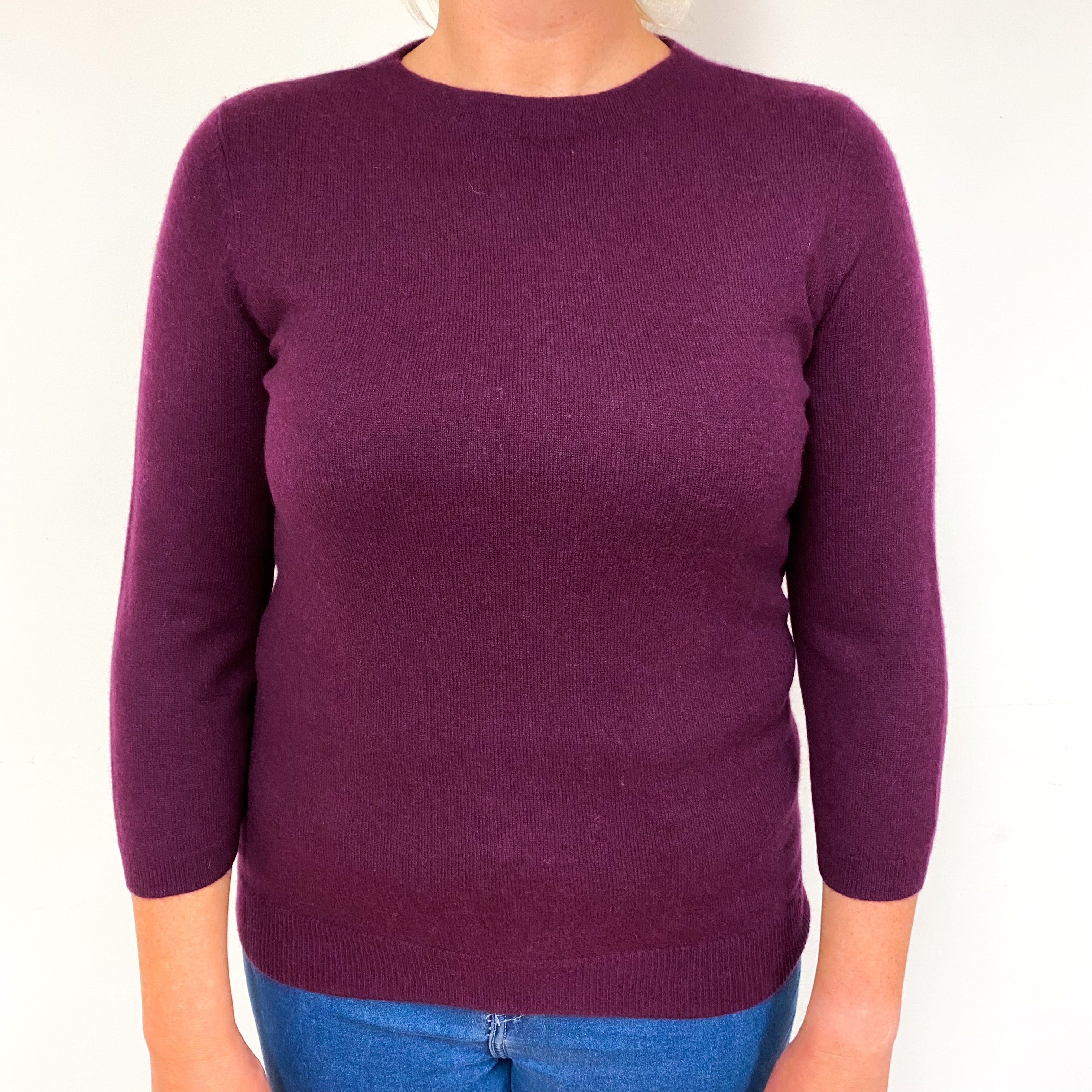 Plum Purple 3/4 Sleeve Cashmere Crew Neck Jumper Large