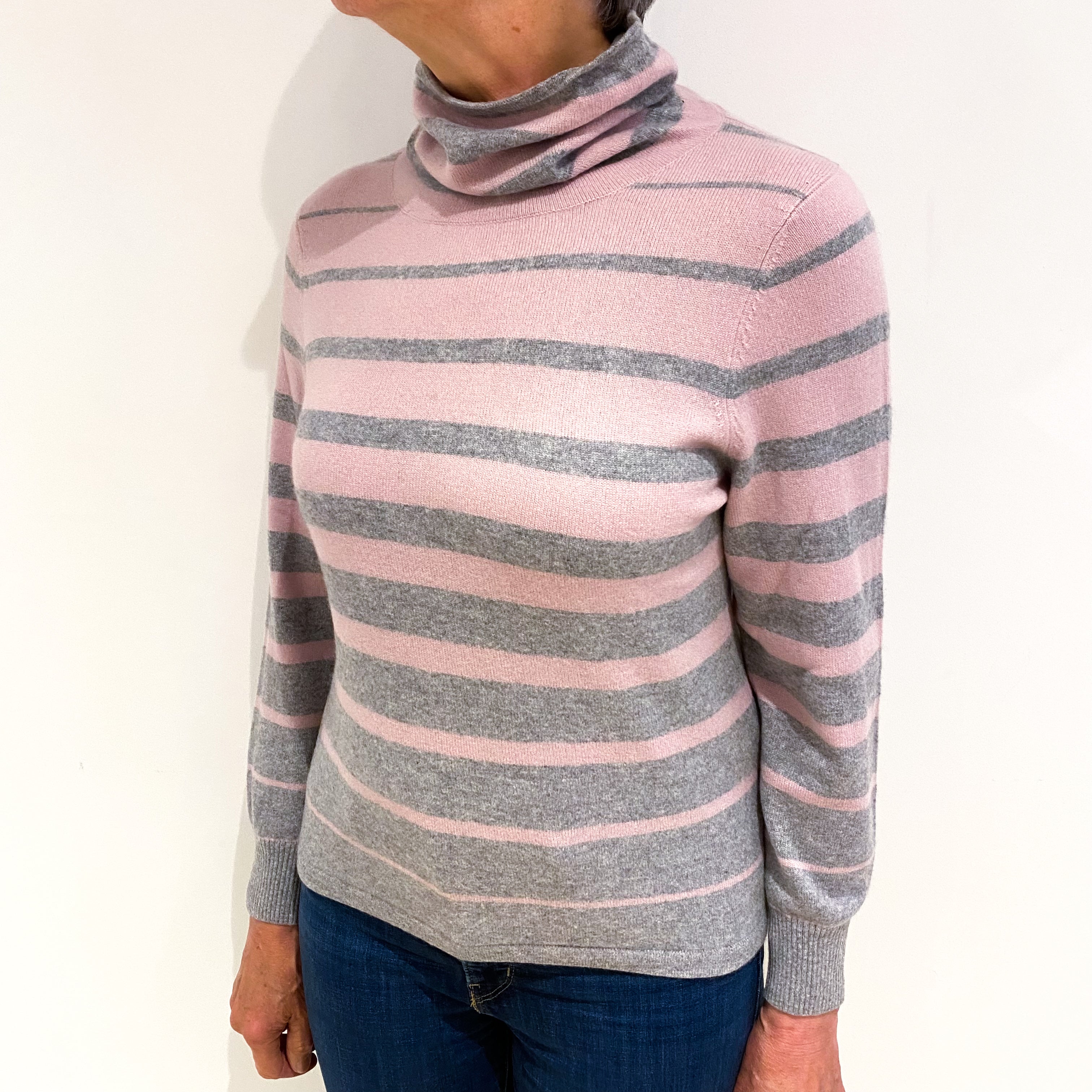 Mauve Grey Stripe Cashmere Funnel Neck Jumper Medium