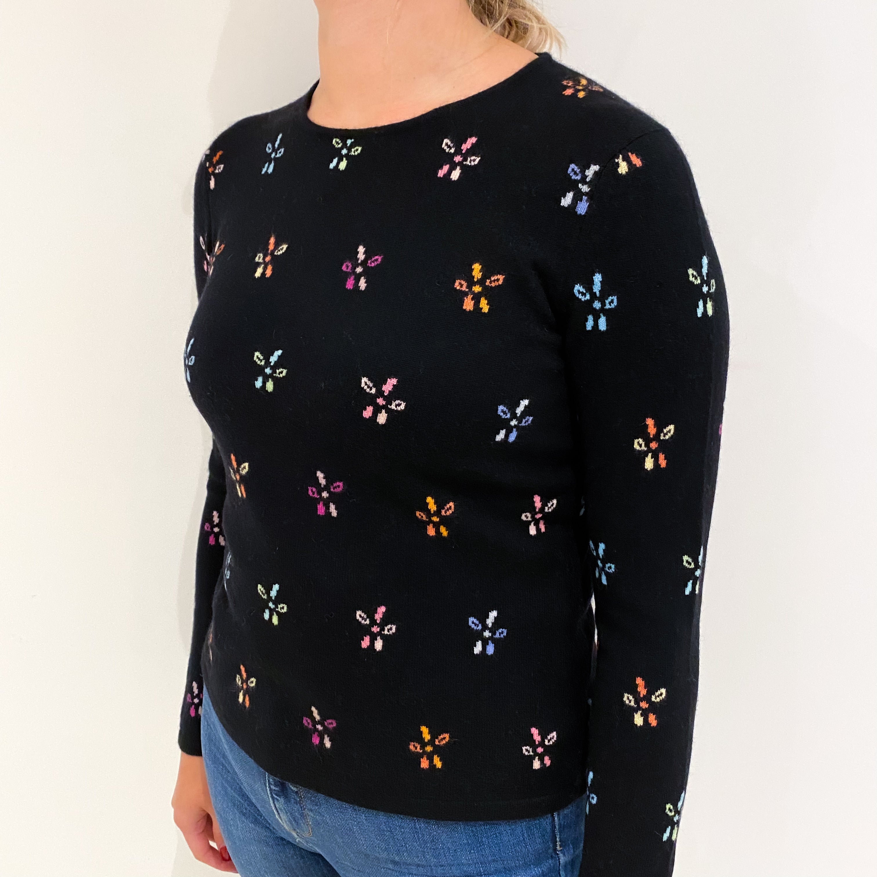 Black Floral Cashmere Crew Neck Jumper Small