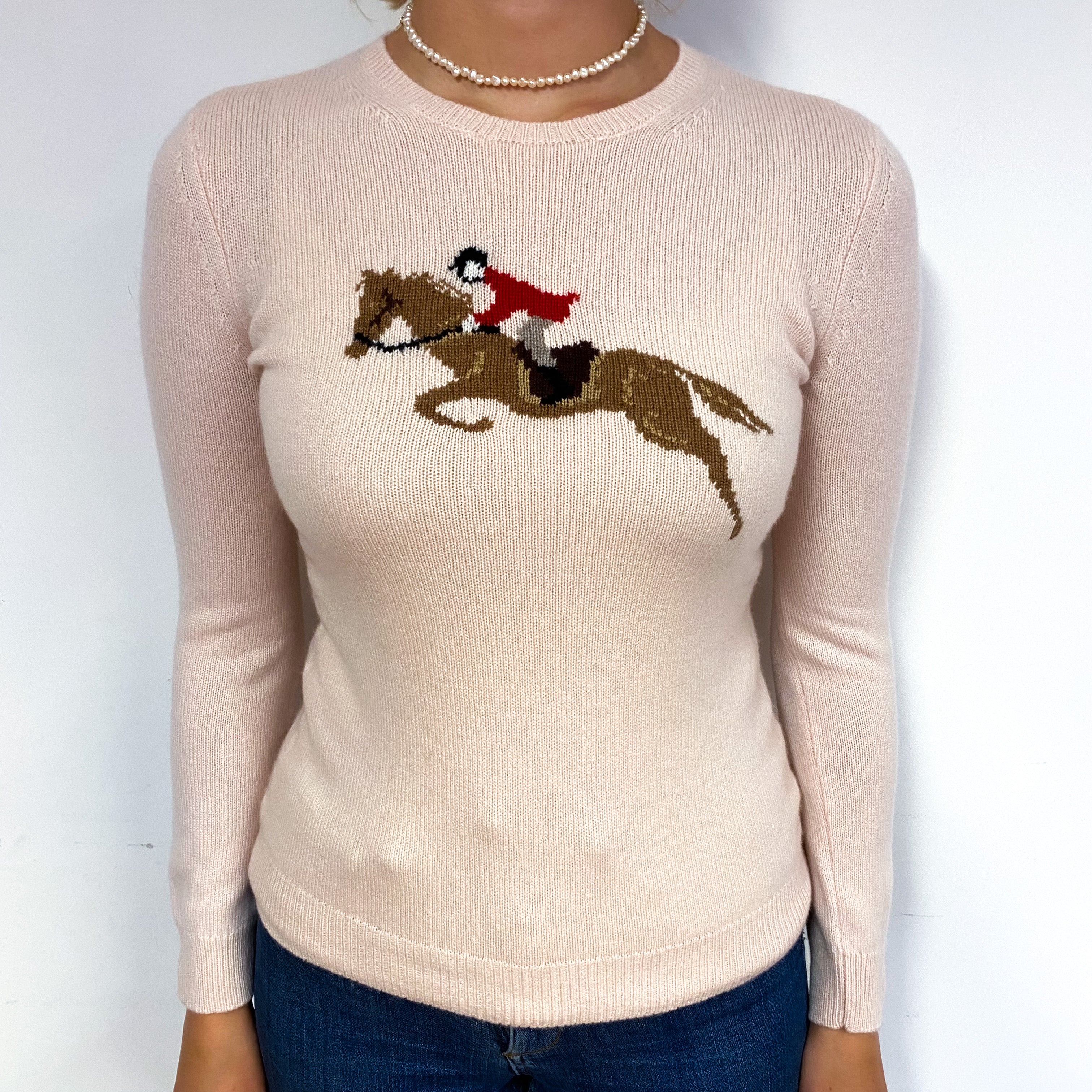 Soft Pink Jockey Motif Cashmere Crew Neck Jumper Small