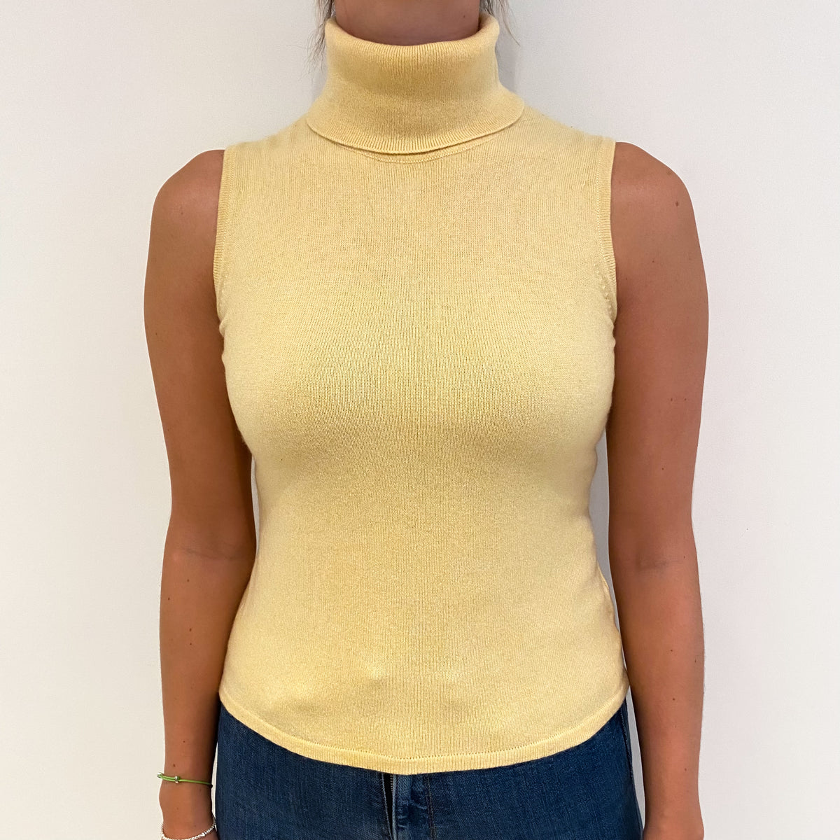 Custard Yellow Cashmere Polo Neck Sleeveless Jumper Small