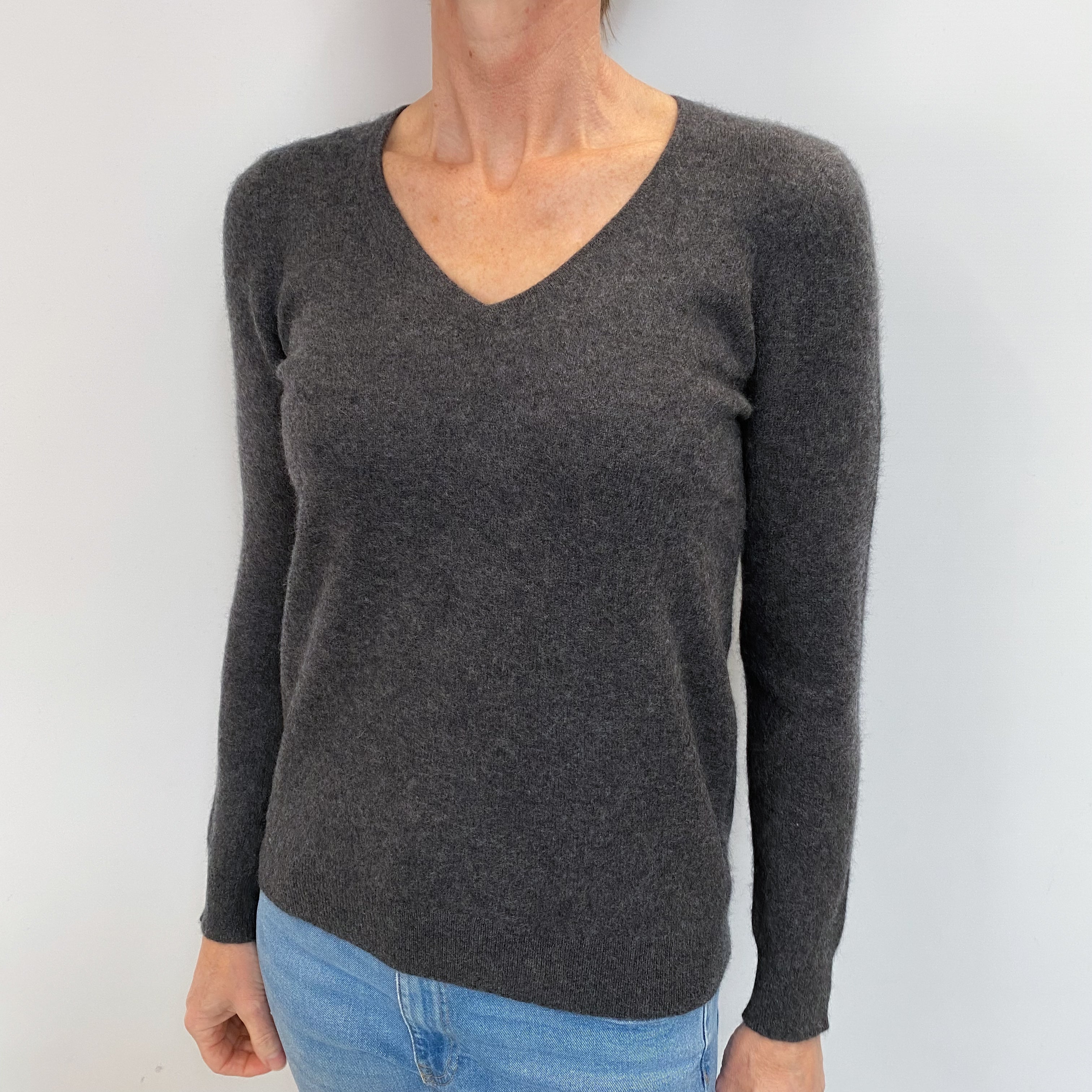 Slate Grey Cashmere V Neck Jumper Small