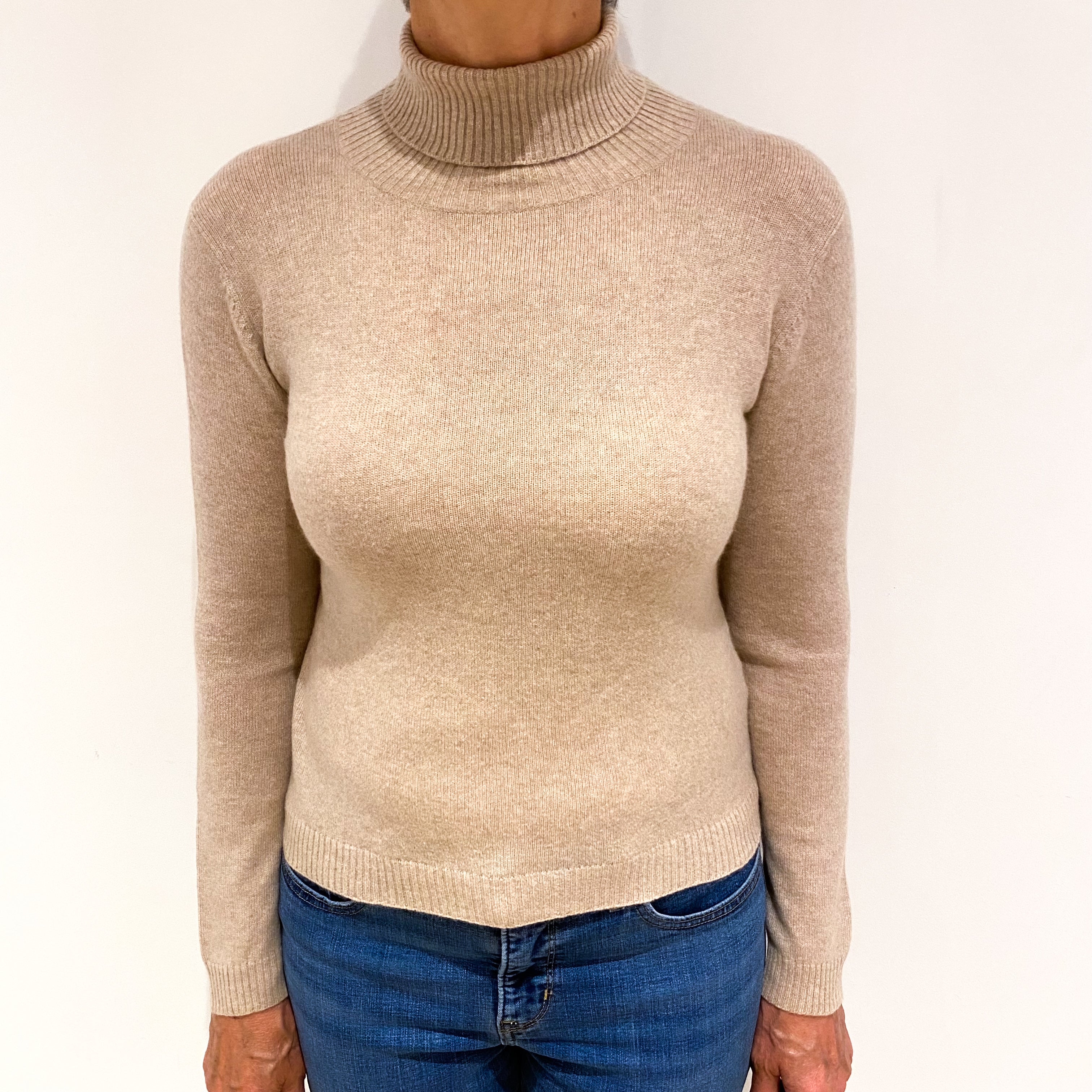 Oatmeal Beige Cashmere Polo Neck Jumper Medium