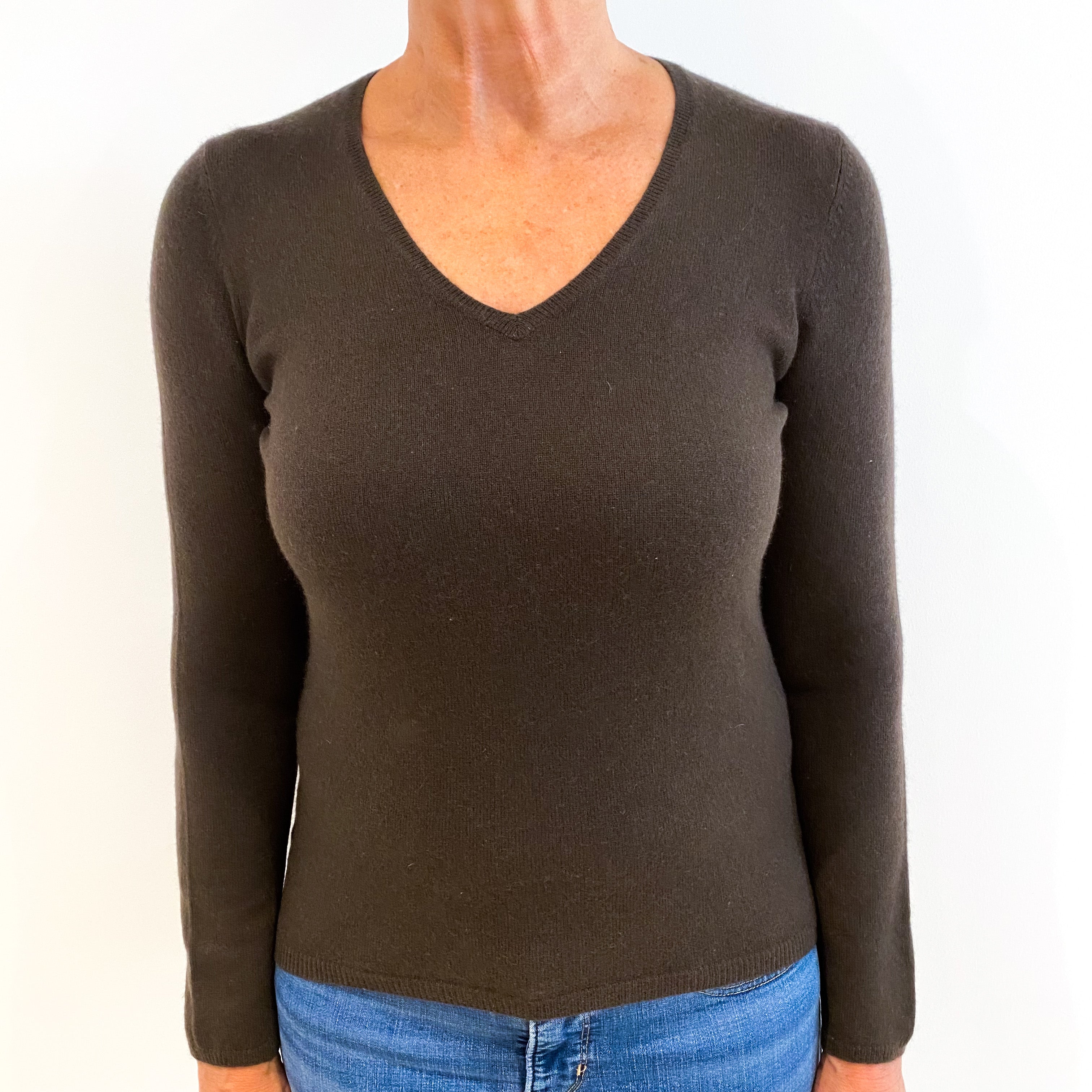 Chocolate Brown Cashmere V-Neck Jumper Medium