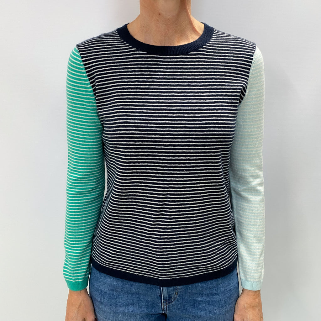 Navy Blue Stripe Cashmere Crew Neck Jumper Small