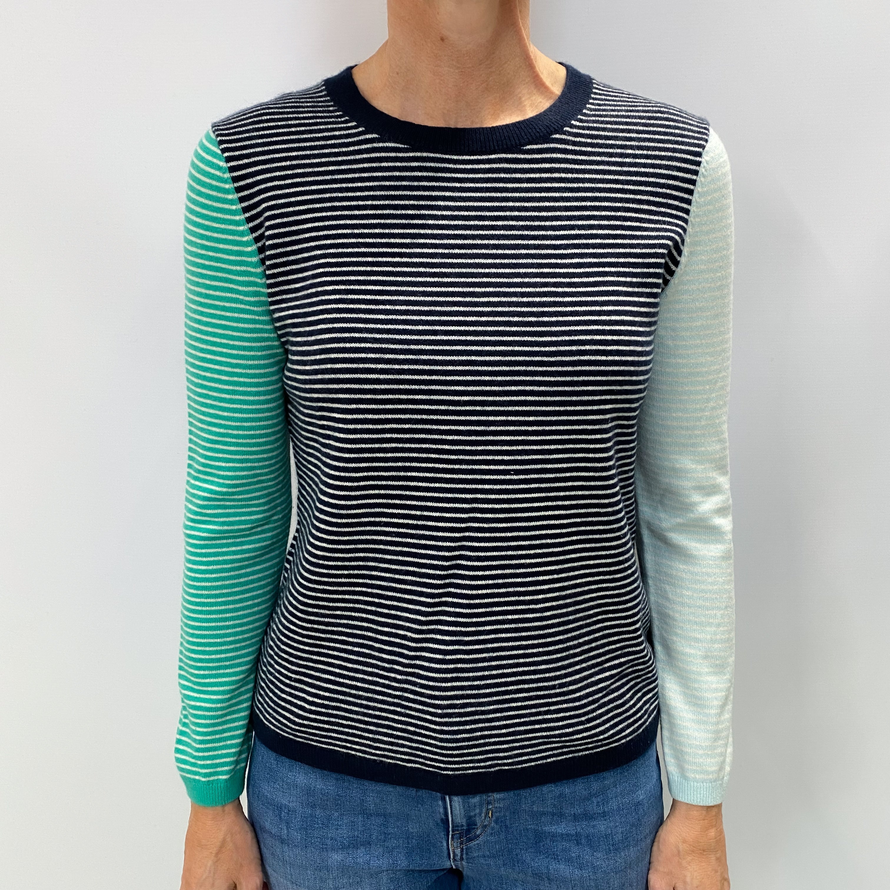 Navy Blue Stripe Cashmere Crew Neck Jumper Small