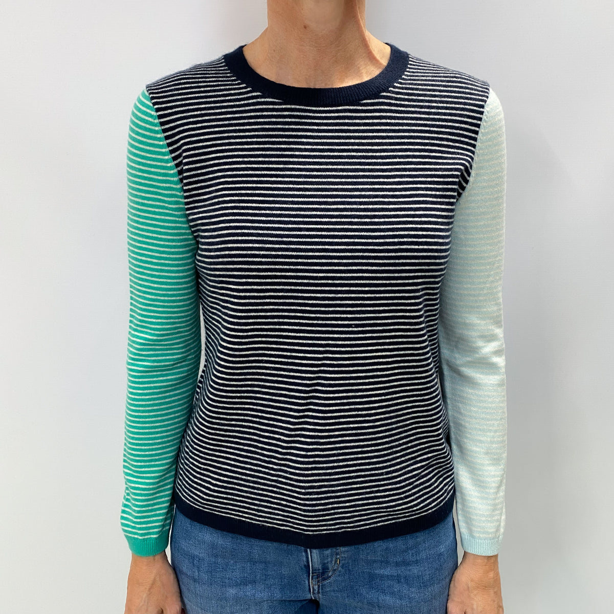 Navy Blue Stripe Cashmere Crew Neck Jumper Small