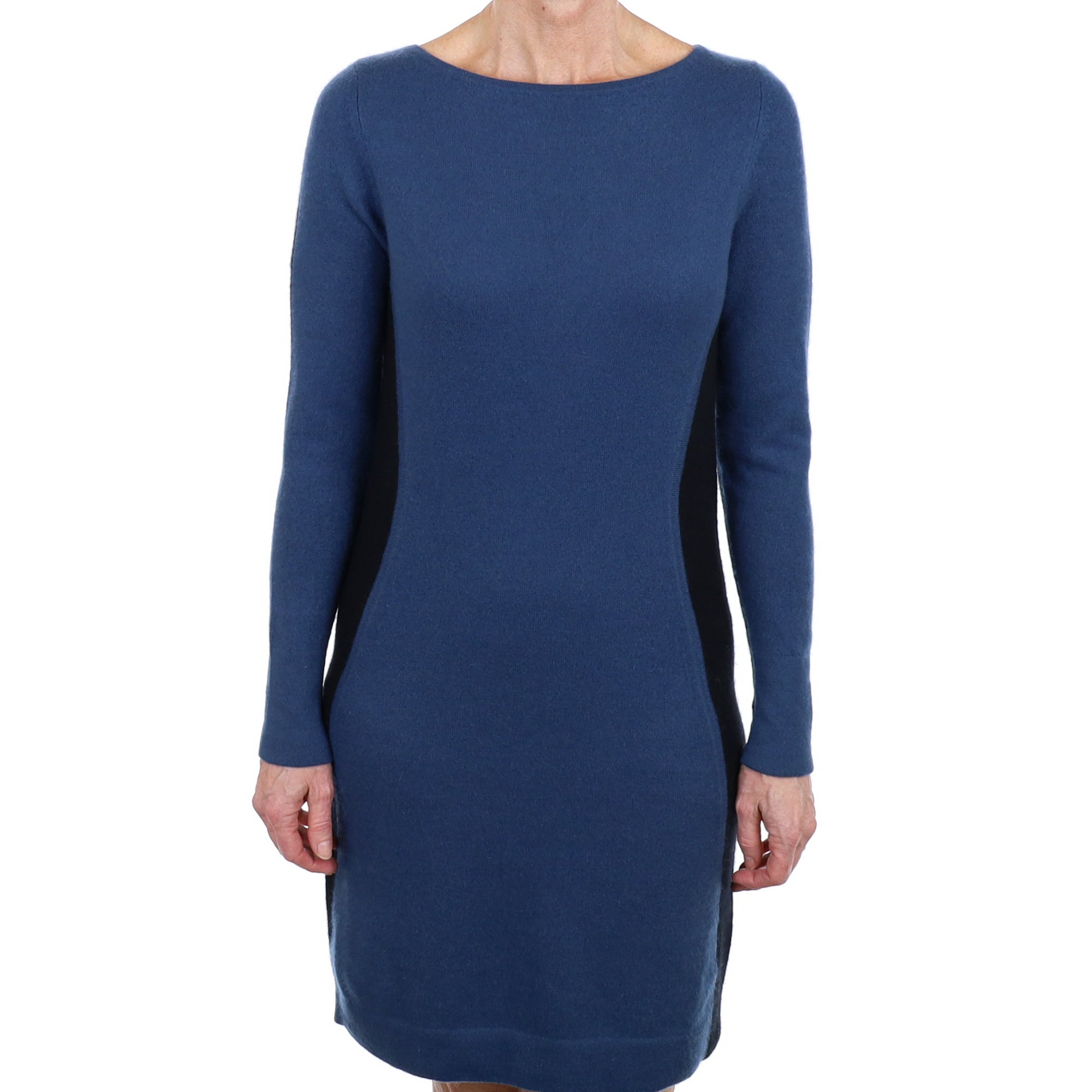 Jaeger Black and Denim Blue Cashmere Crew Neck Dress Small