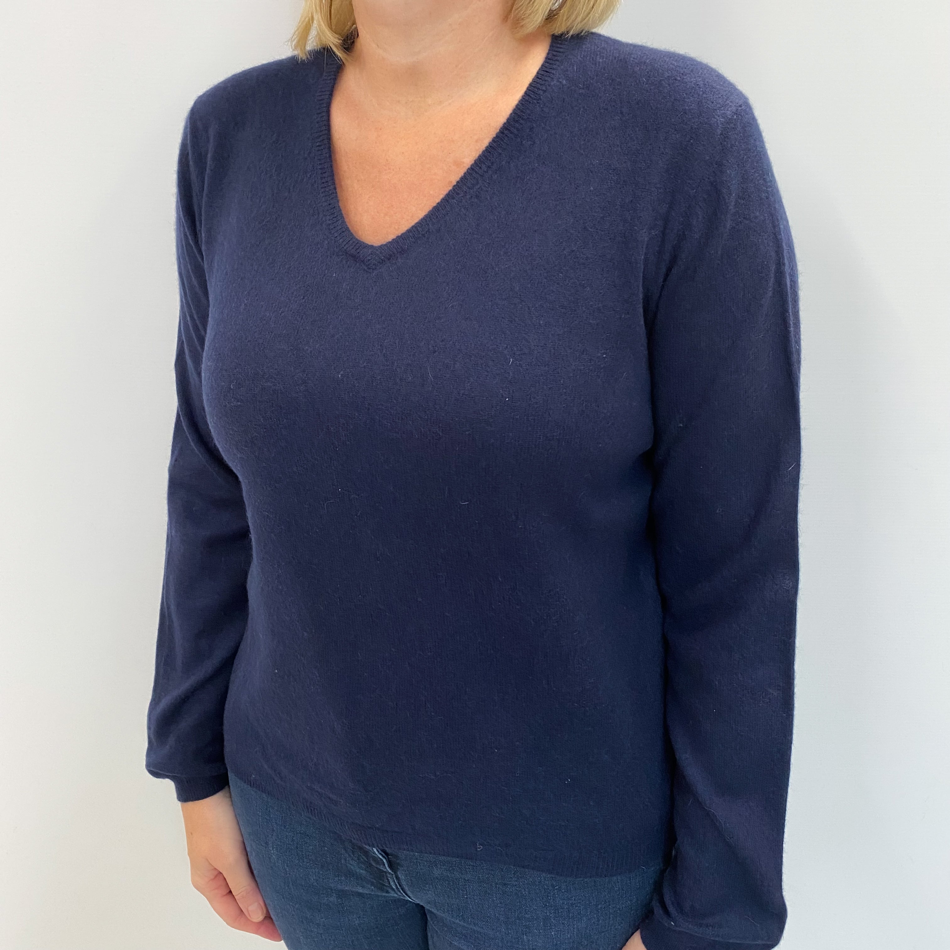 Navy Blue Cashmere V Neck Jumper Large