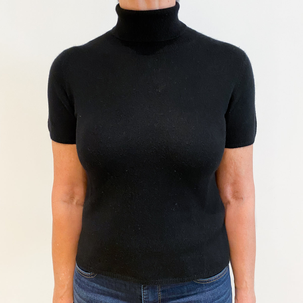 Black Cashmere Short Sleeve Polo Neck Jumper Medium