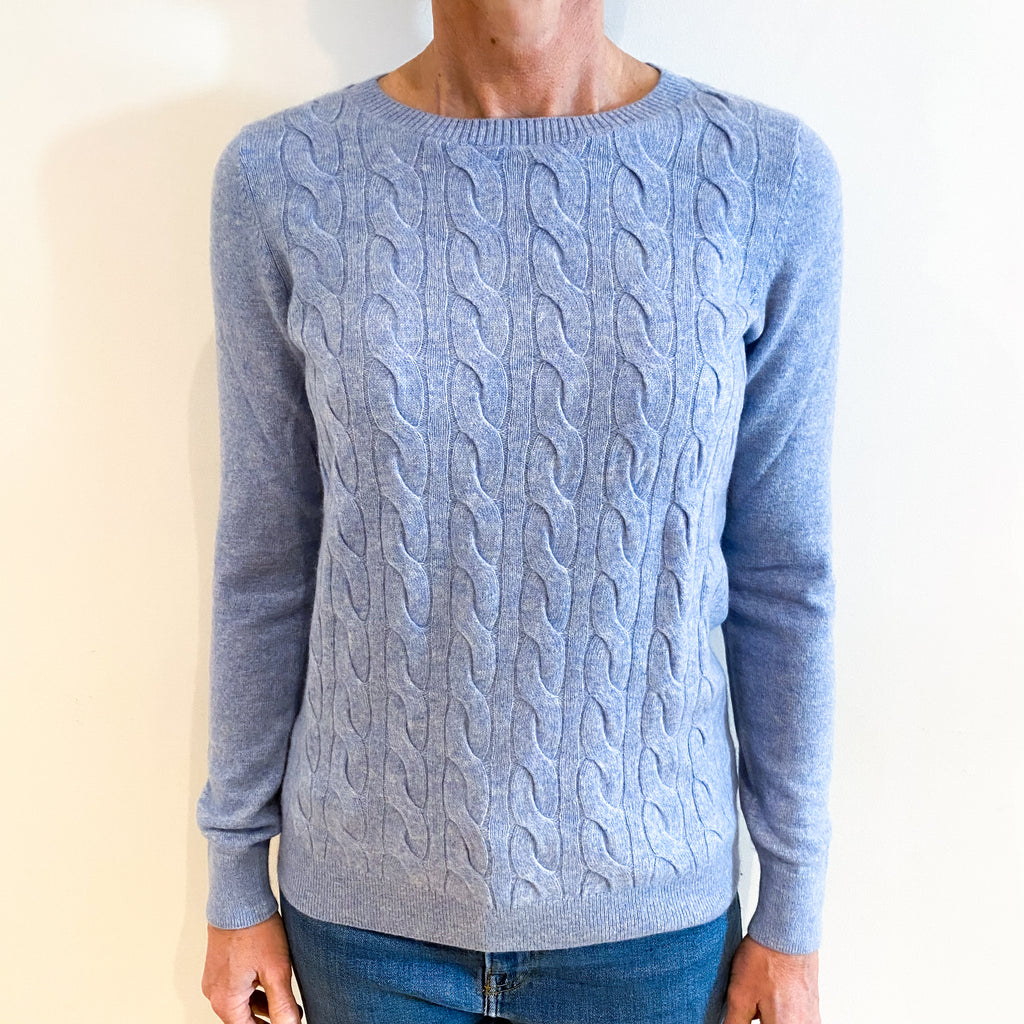 Sky Blue Cable Front Cashmere Crew Neck Jumper Small