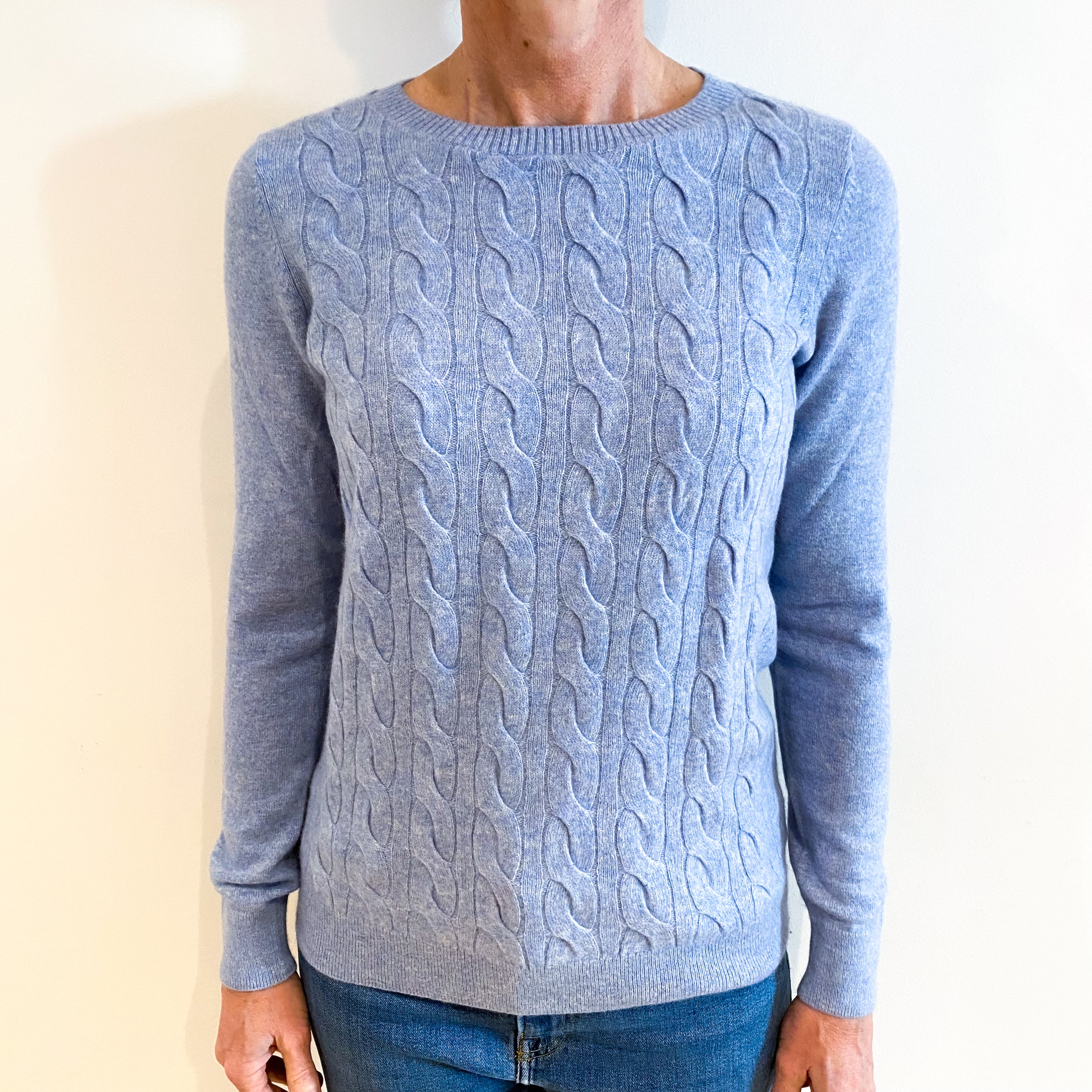 Sky Blue Cable Front Cashmere Crew Neck Jumper Small