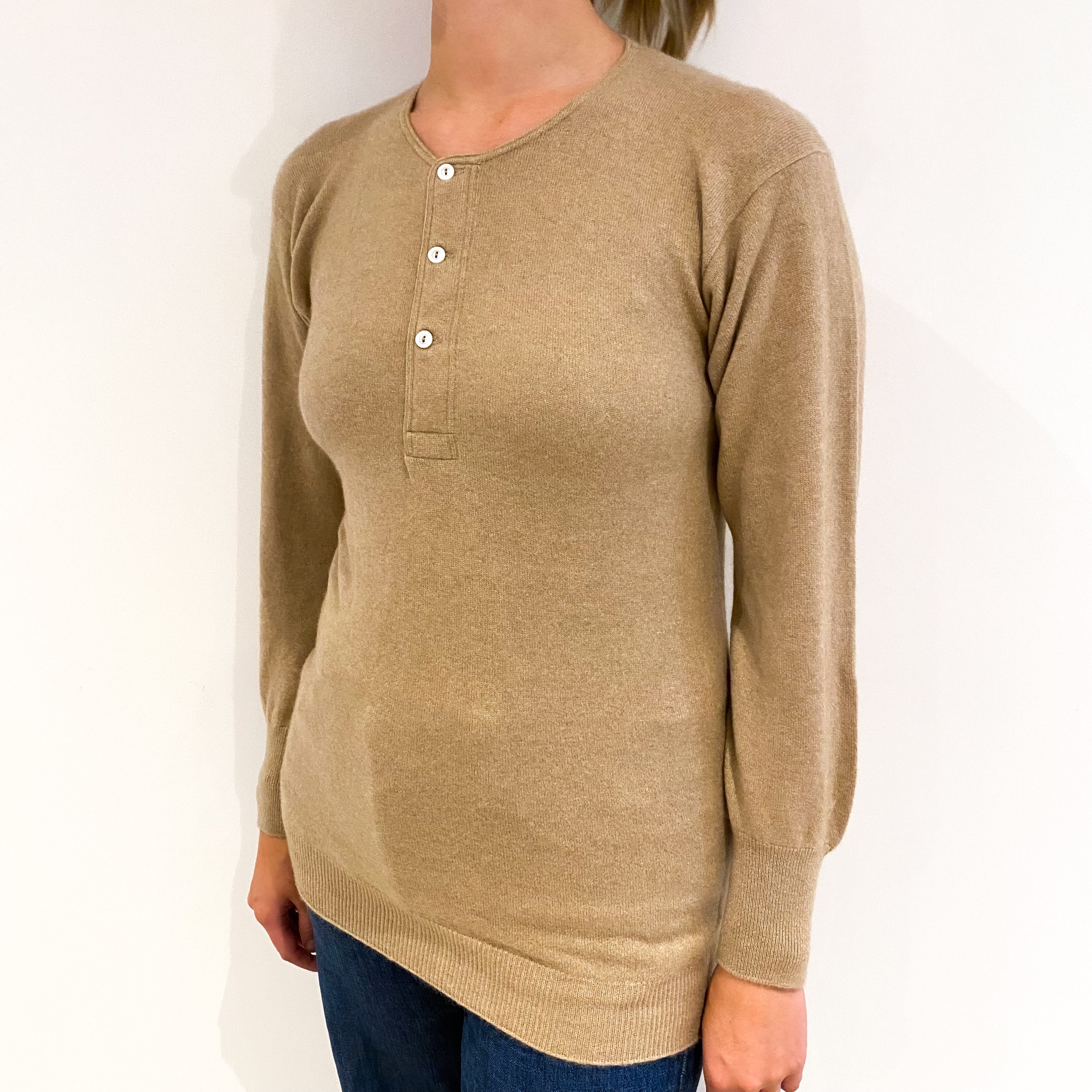 Beige Cashmere 1/4 Button Crew Neck Jumper Small