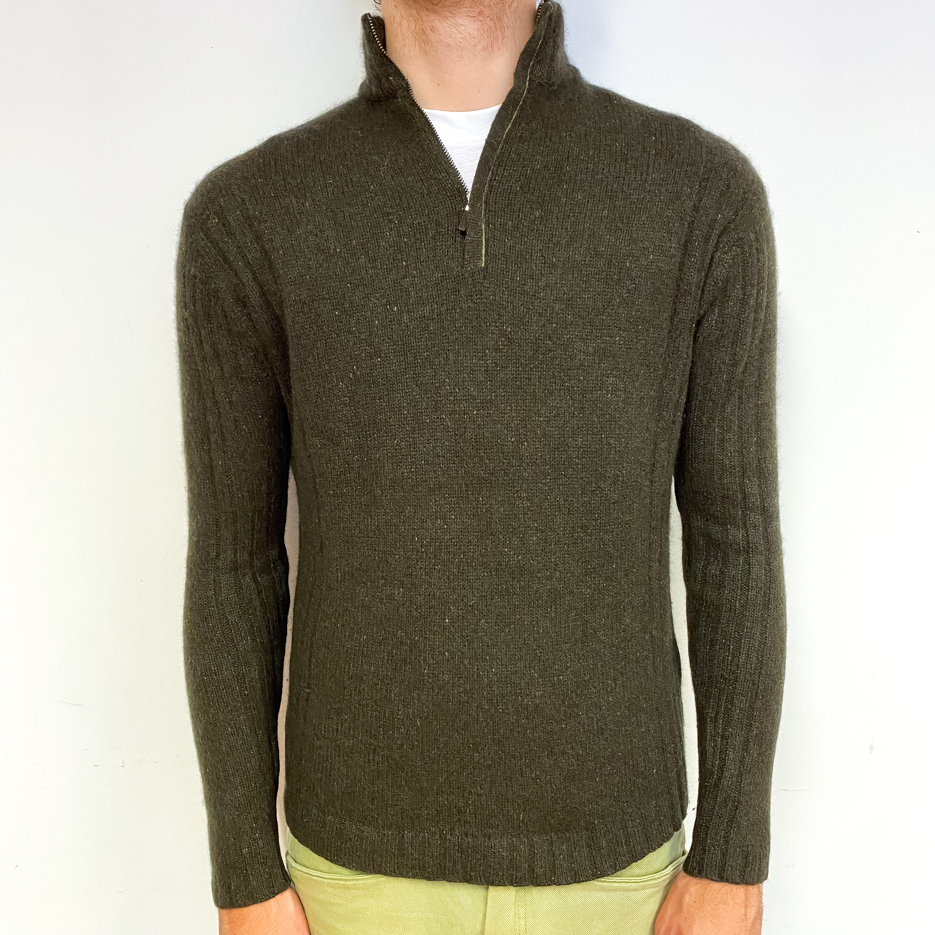 Men's Khaki Brown Chunky Cashmere 1/4 Zip Jumper Medium