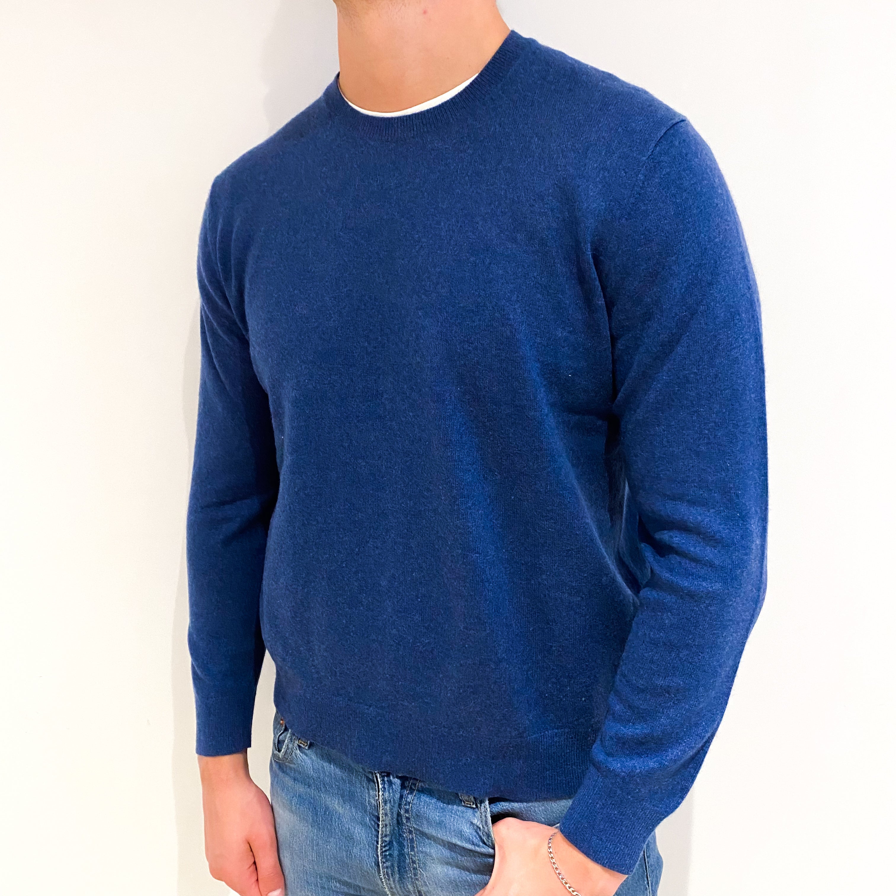 Men's Deep Denim Blue Cashmere Crew Neck Jumper XL