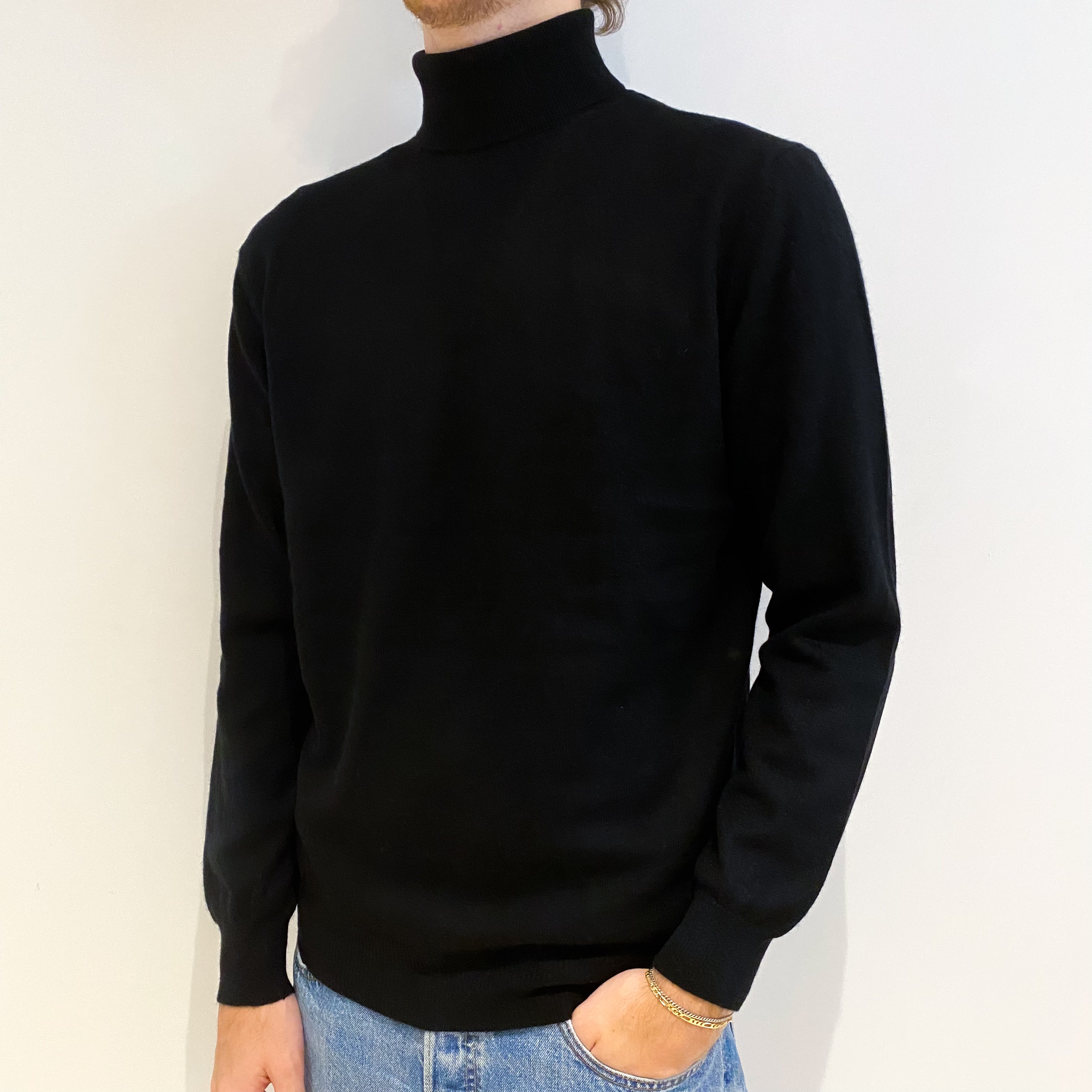 Men's Black Cashmere Polo Neck Jumper Large