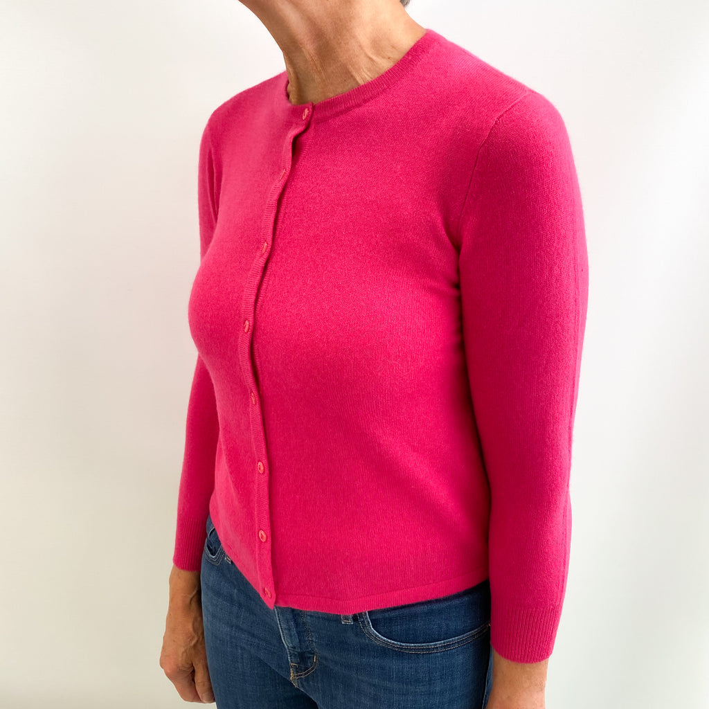 Hot Pink Cashmere Crew Neck 3/4 Sleeve Cardigan Medium