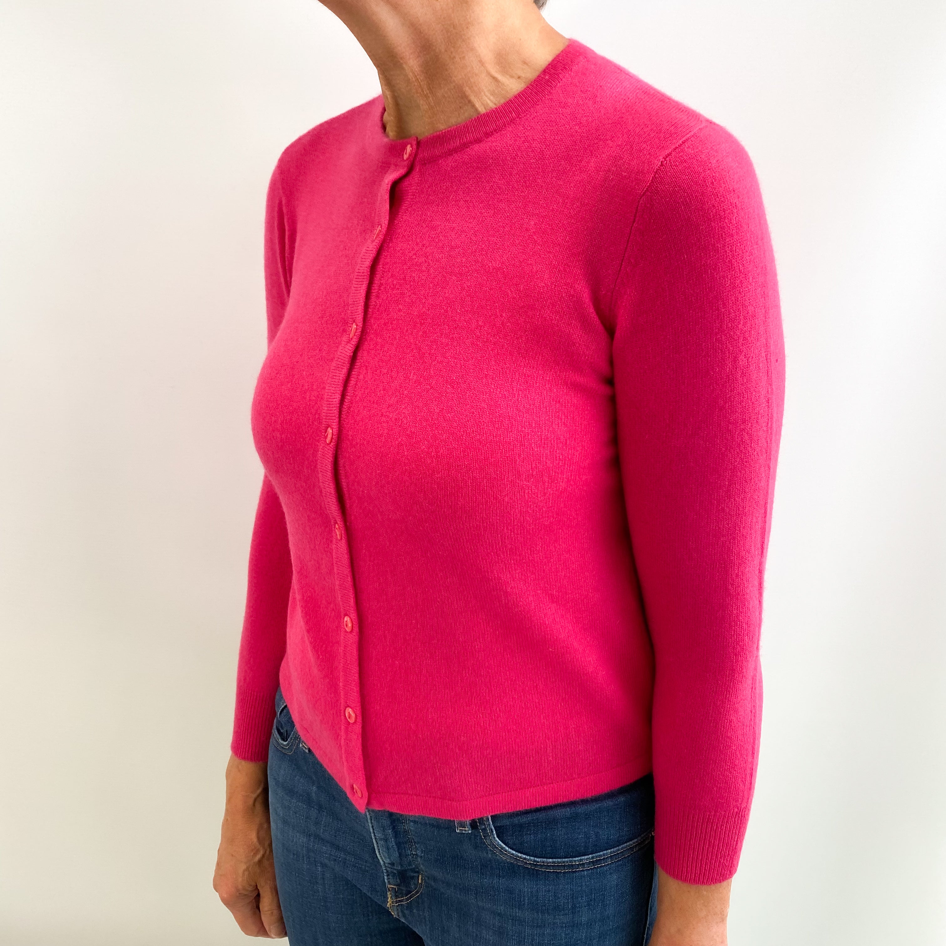 Hot Pink Cashmere Crew Neck 3/4 Sleeve Cardigan Medium