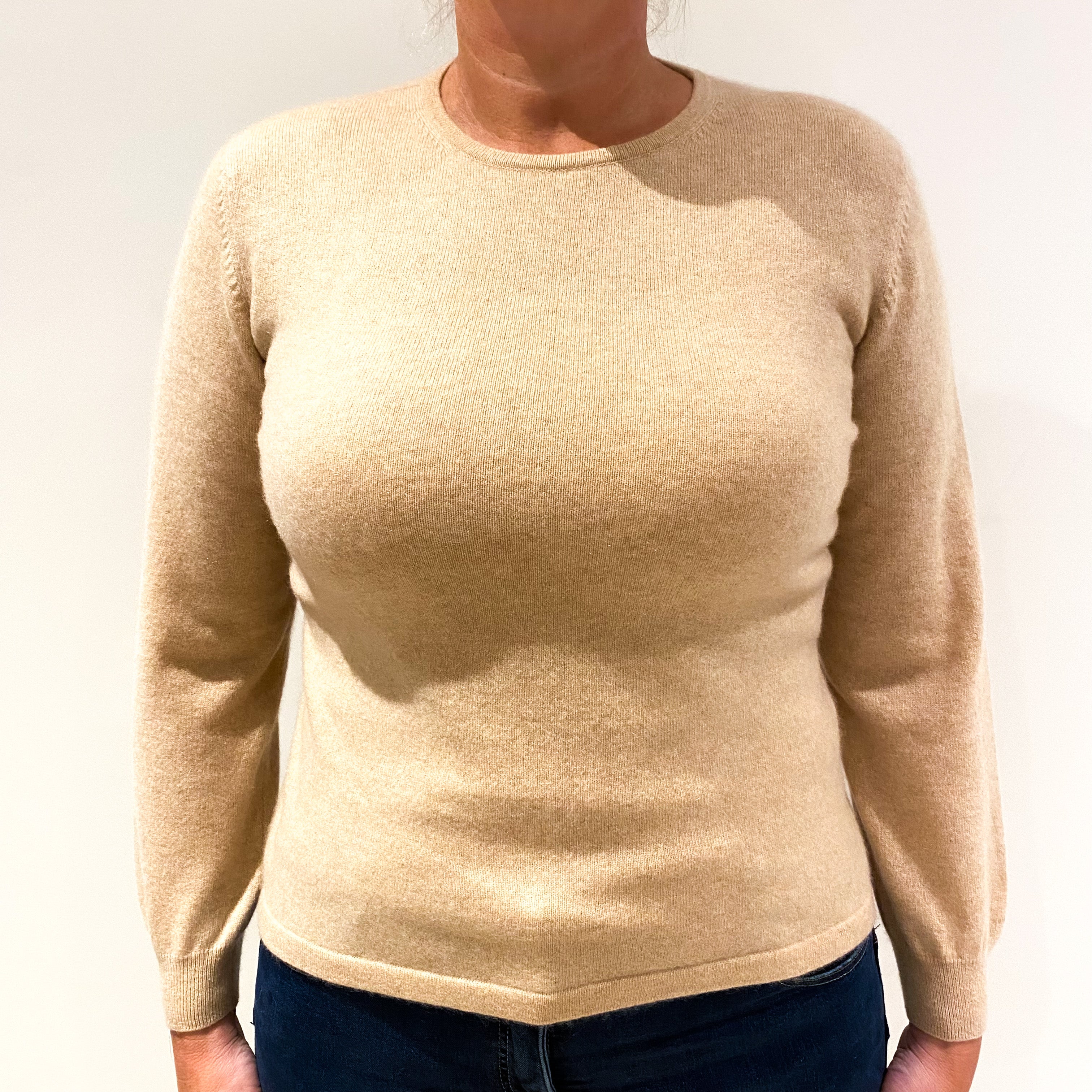 Oatmeal Beige Cashmere Crew Neck Jumper Large