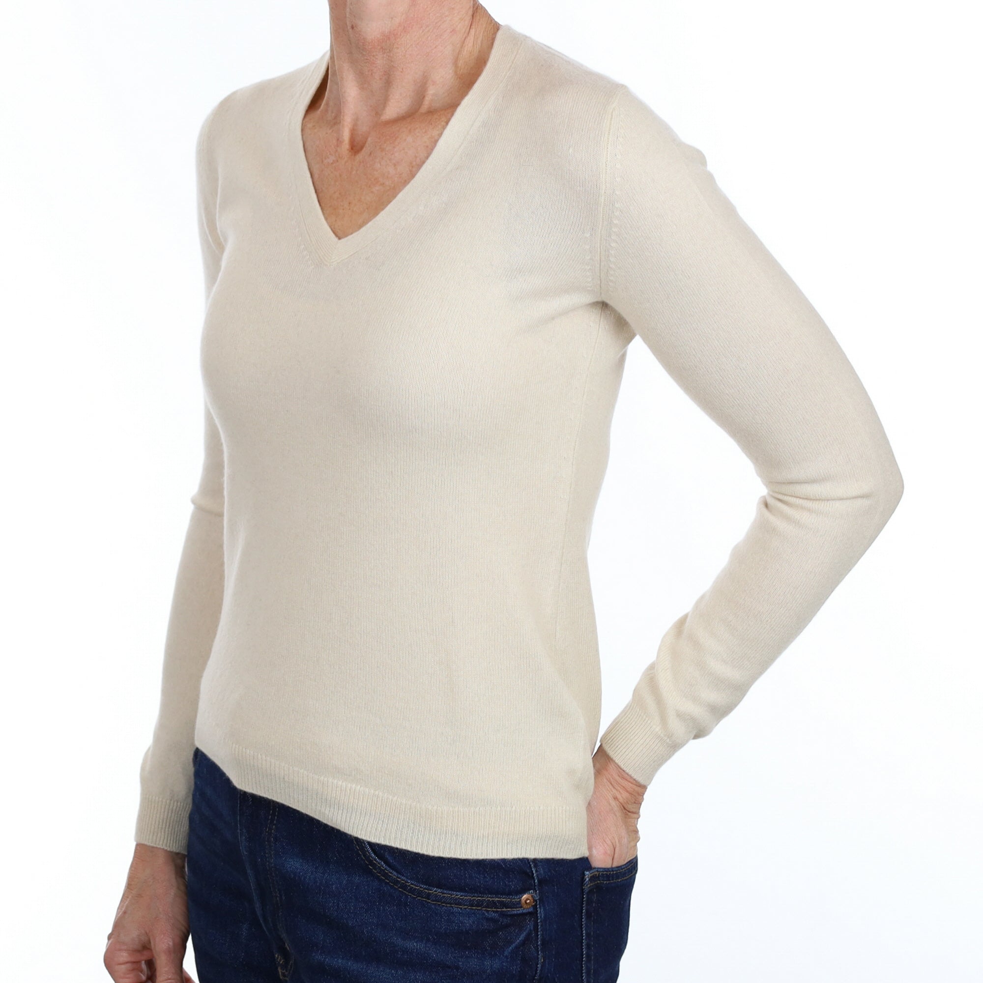Ivory Cashmere V Neck Jumper Small