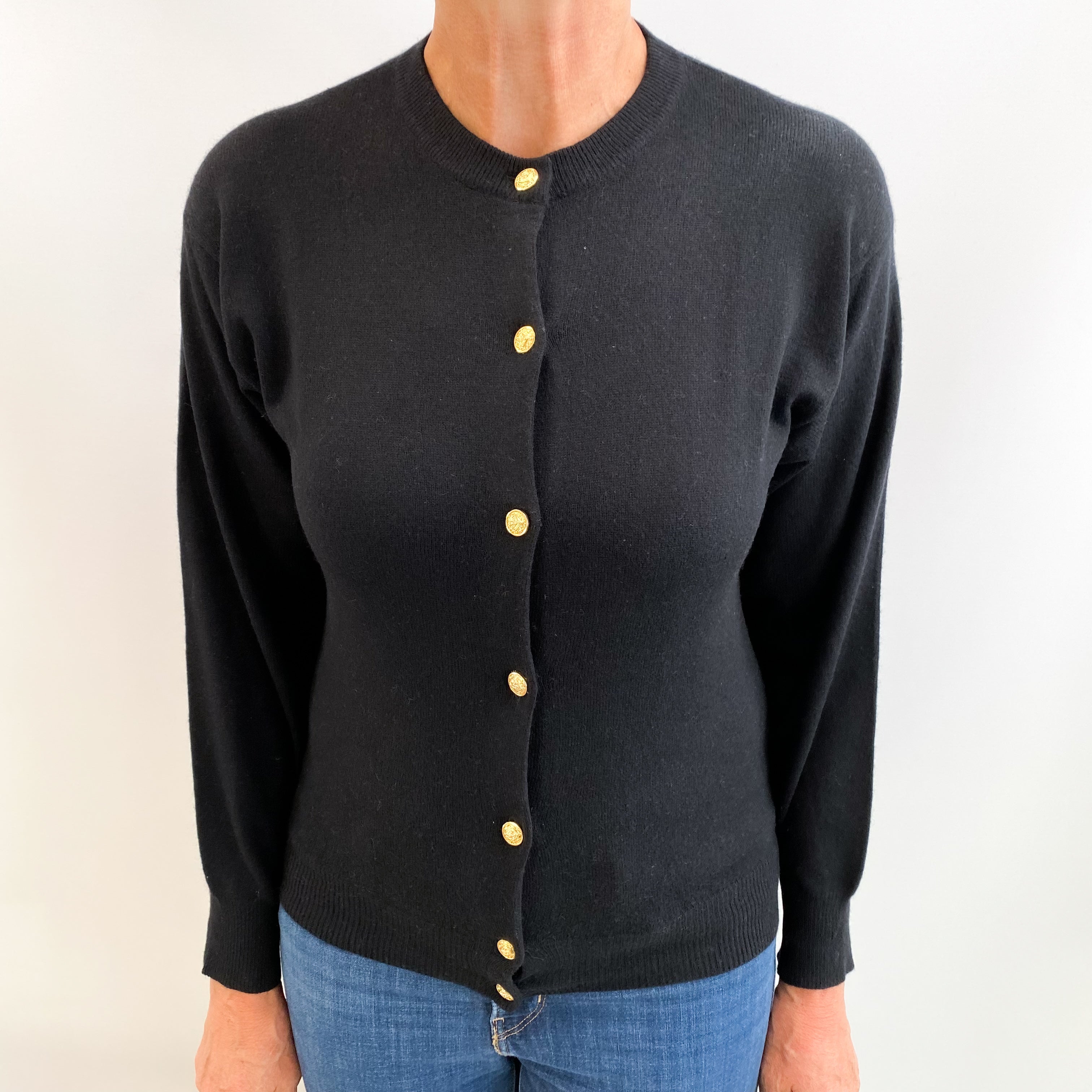 Black Cashmere Crew Neck Cardigan Medium