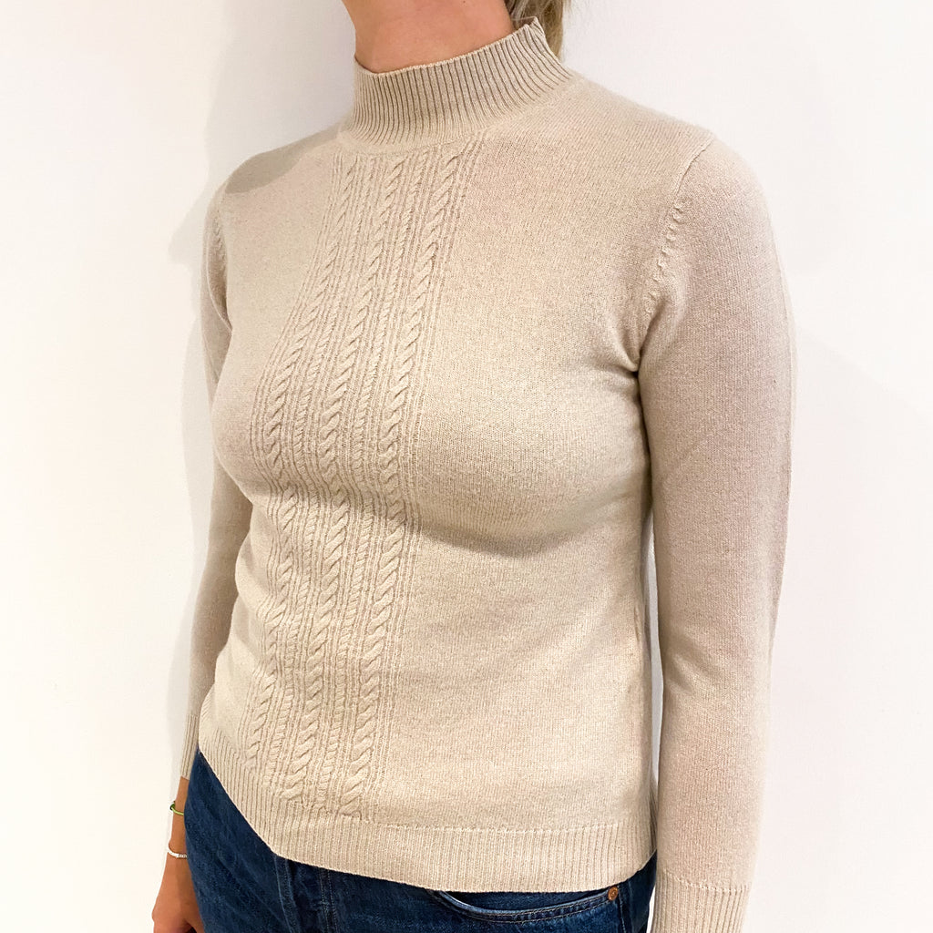Oatmeal Beige Cable Detail Cashmere Turtle Neck Jumper Small