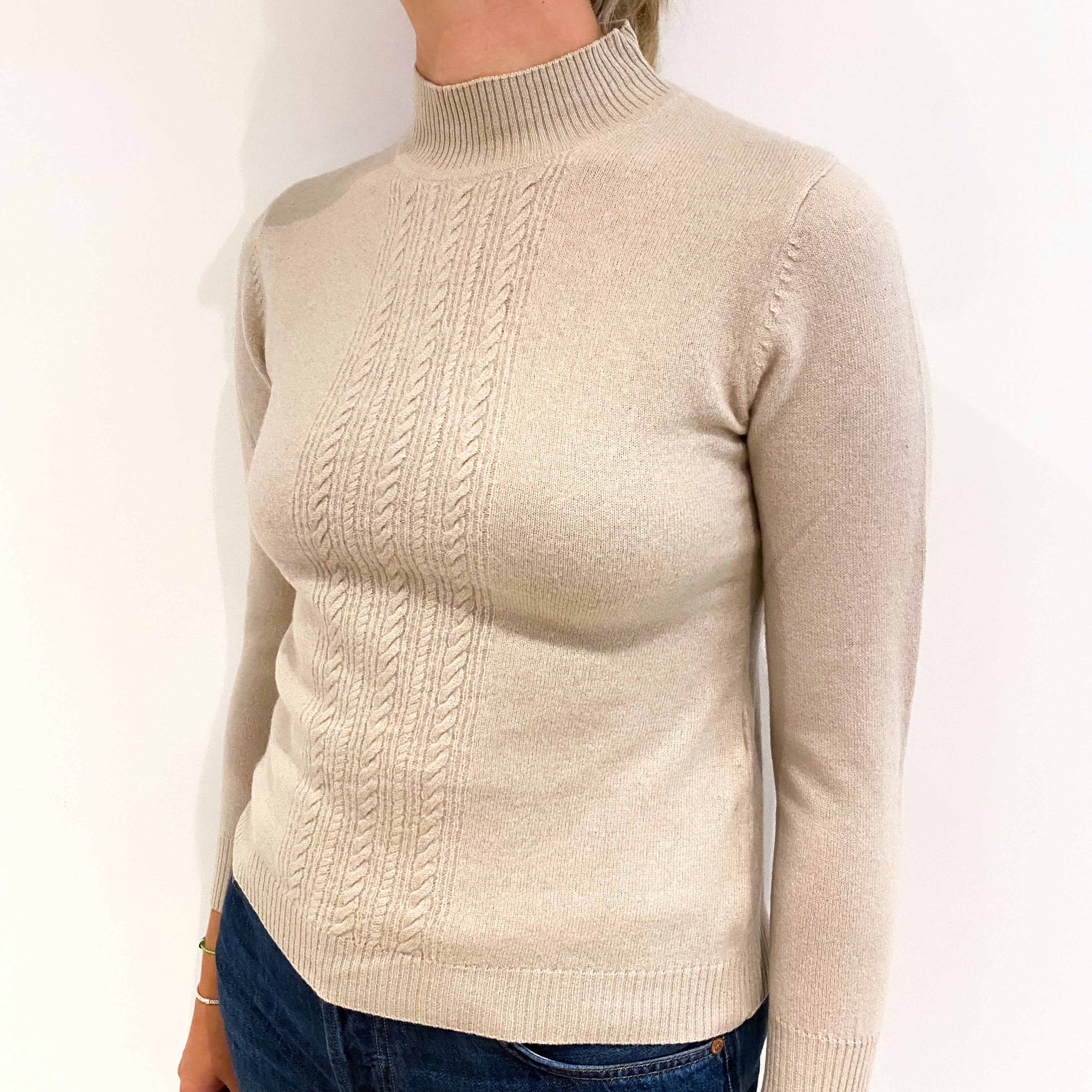 Oatmeal Beige Cable Detail Cashmere Turtle Neck Jumper Small