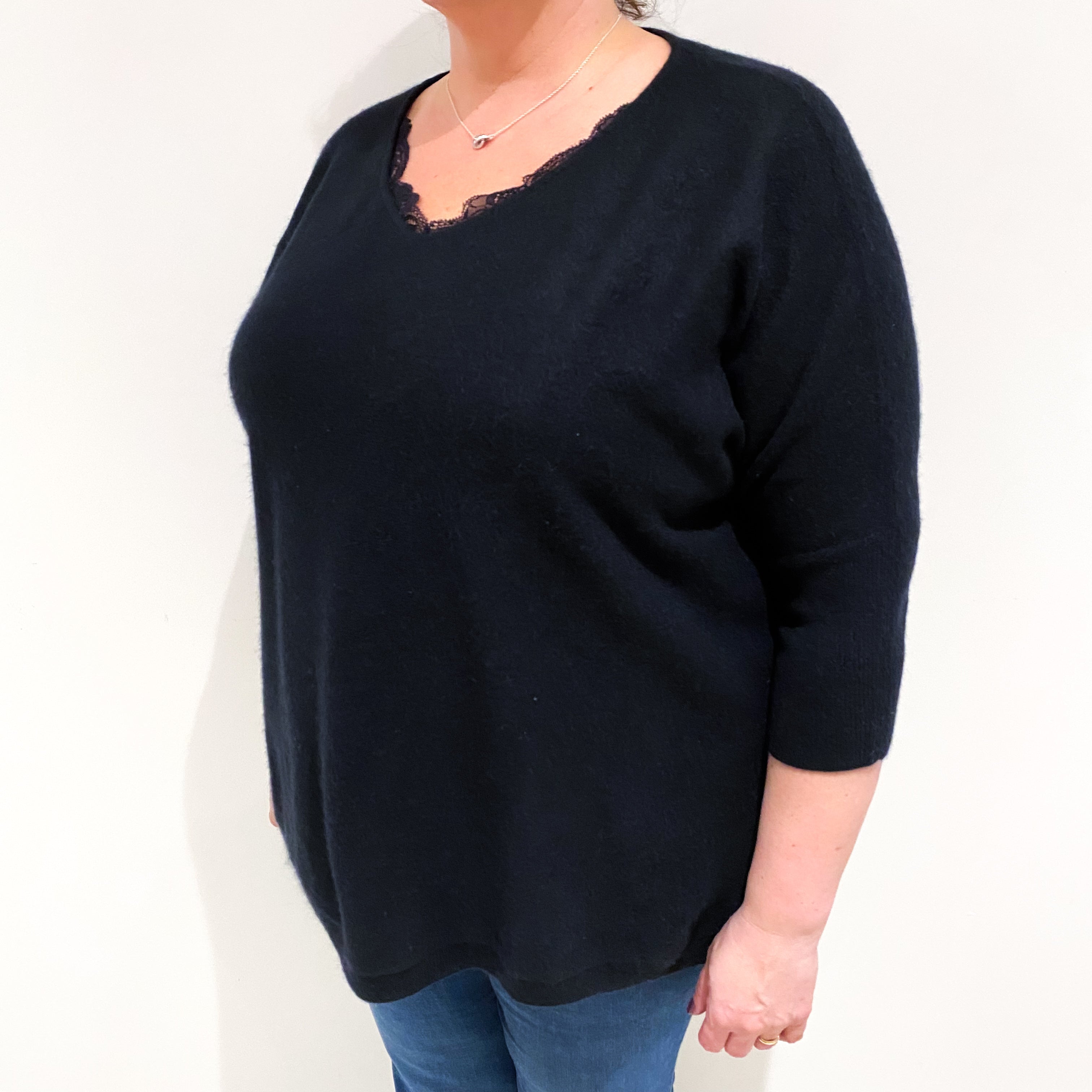 Black Cashmere Lace Trimmed V Neck Jumper Extra Large
