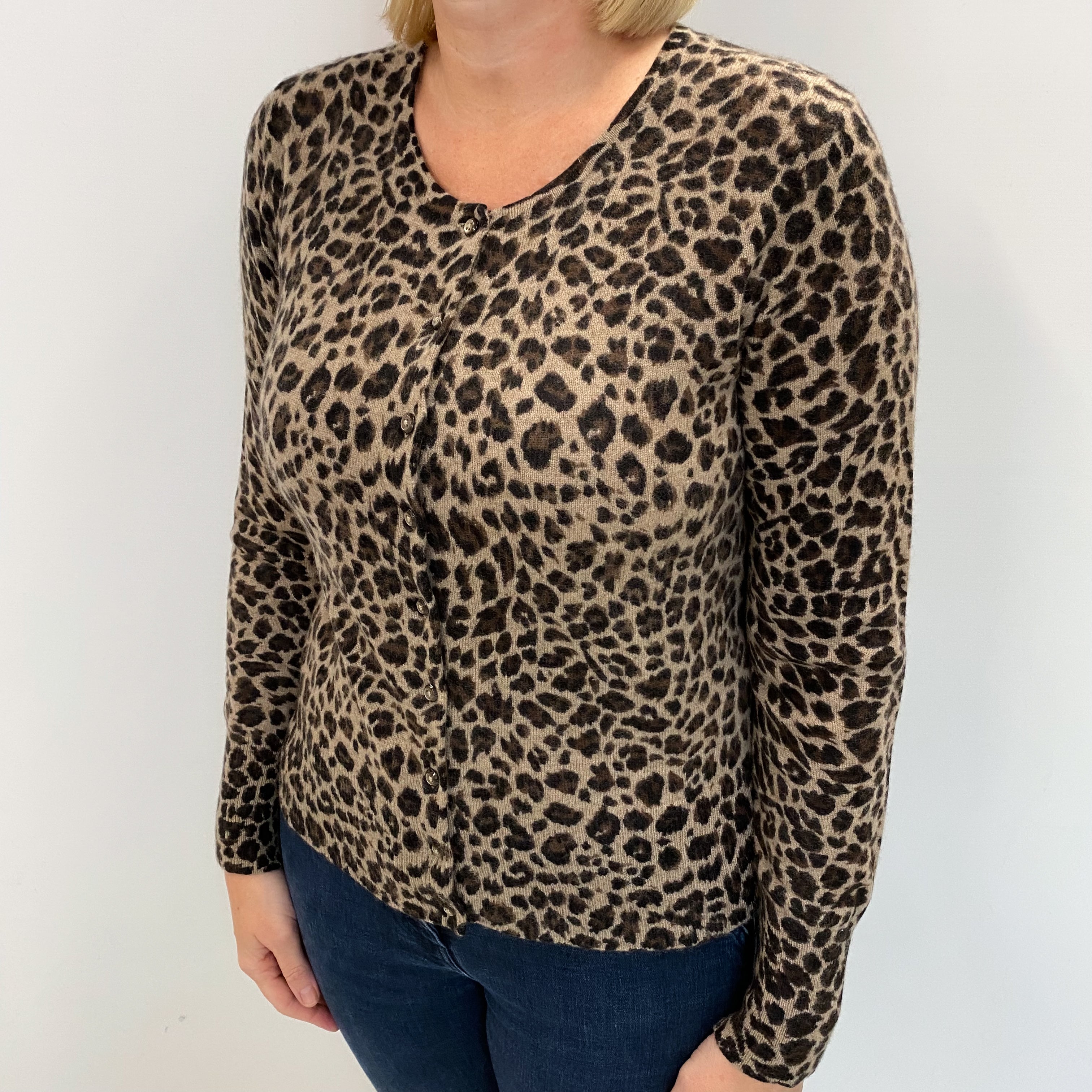 Caramel Animal Print Cashmere Crew Neck Cardigan Large