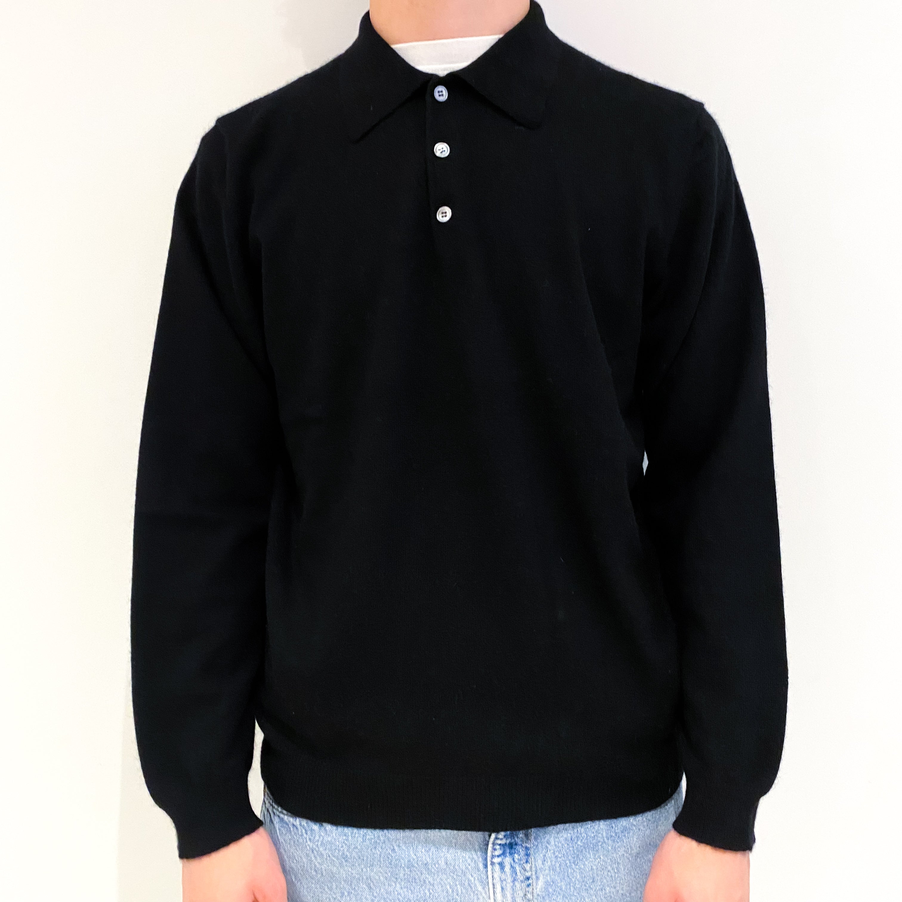 Men's Black Cashmere Collared 1/4 Button Jumper Medium