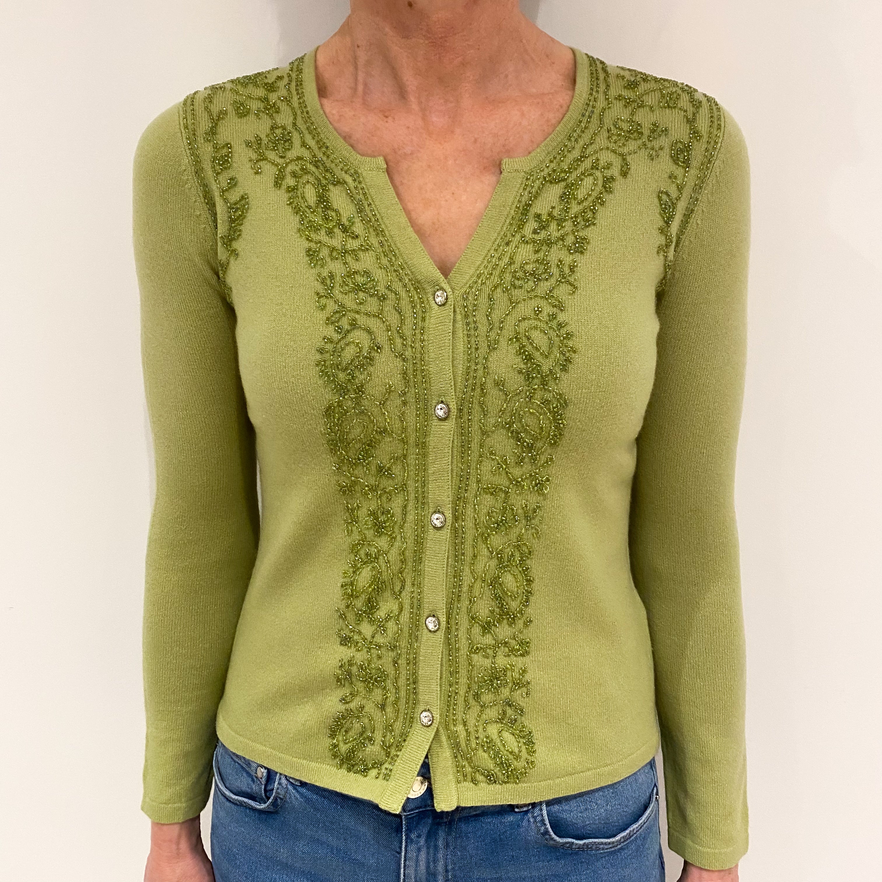 Pistachio Green Bead Embellished Cashmere Notch Neck Cardigan Small