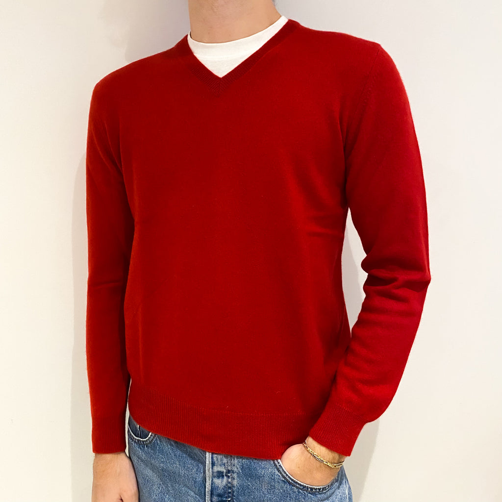 Men's Post Box Red Cashmere V Neck Jumper Medium