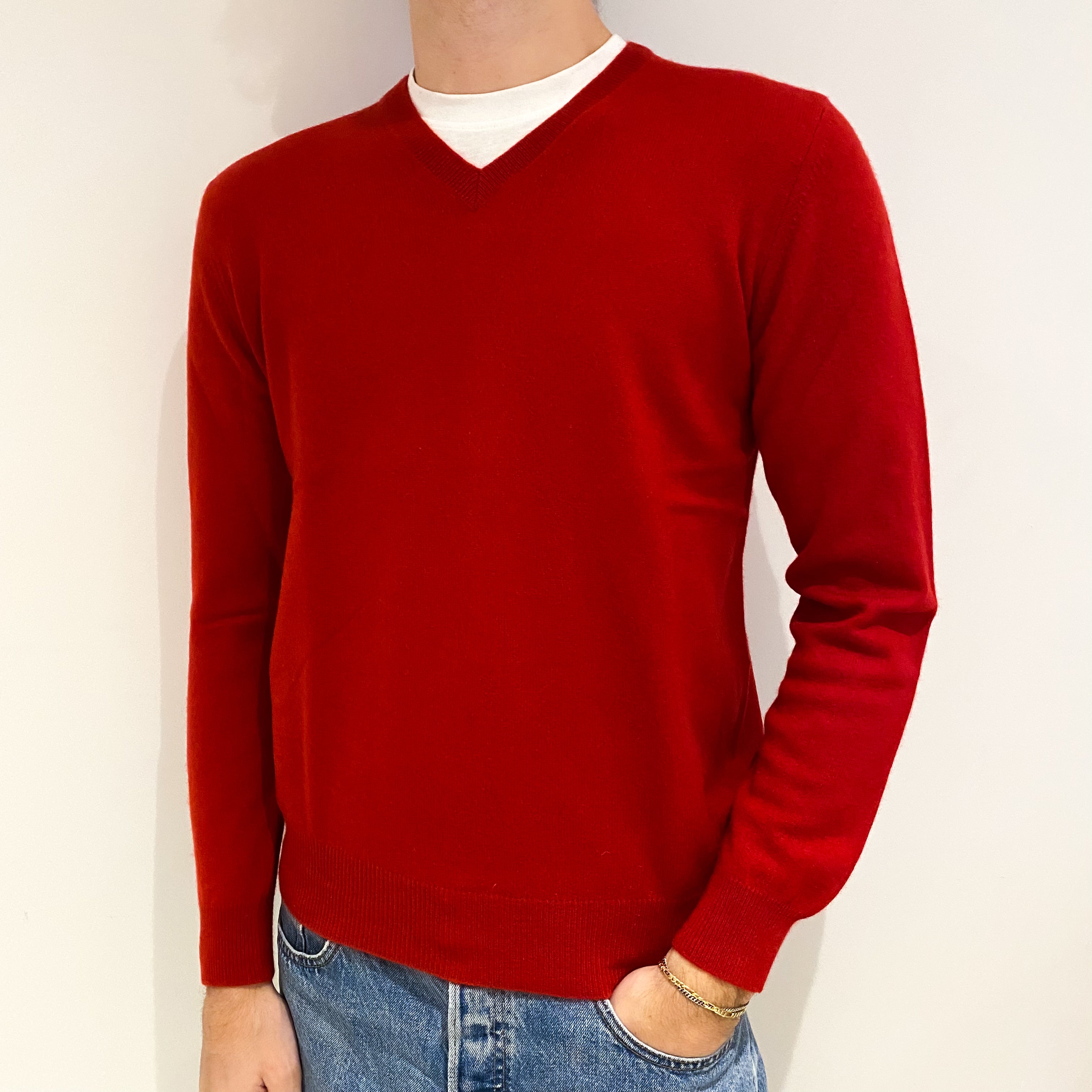 Men's Post Box Red Cashmere V Neck Jumper Medium