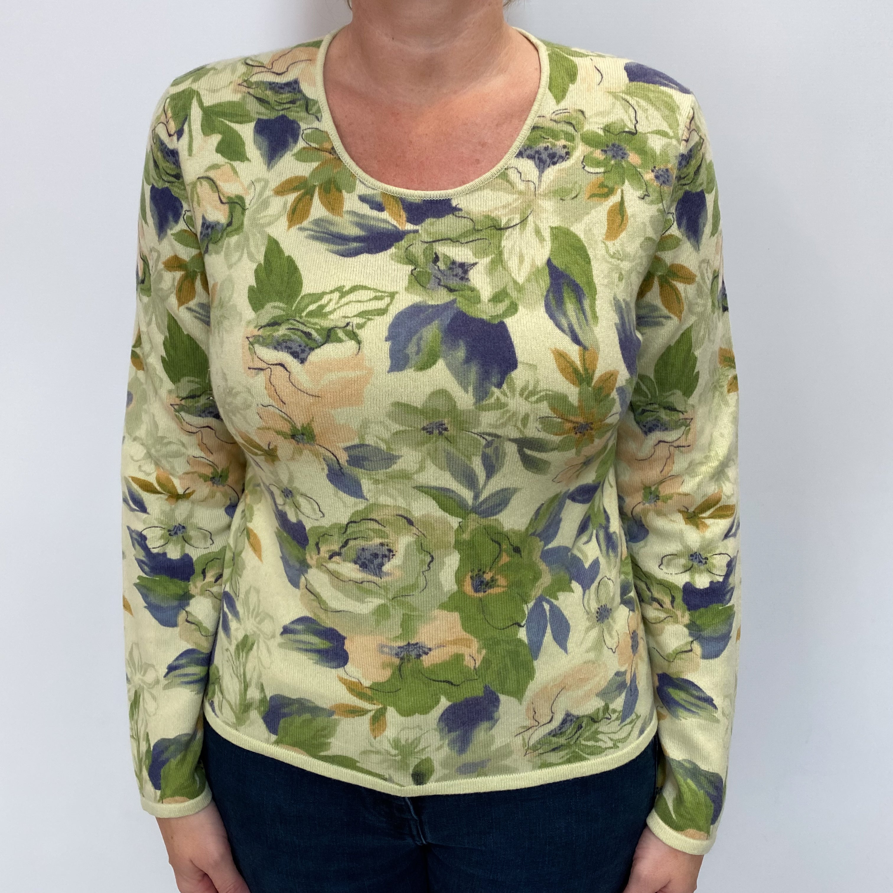 Pistachio Green Floral Cashmere Crew Neck Jumper Large