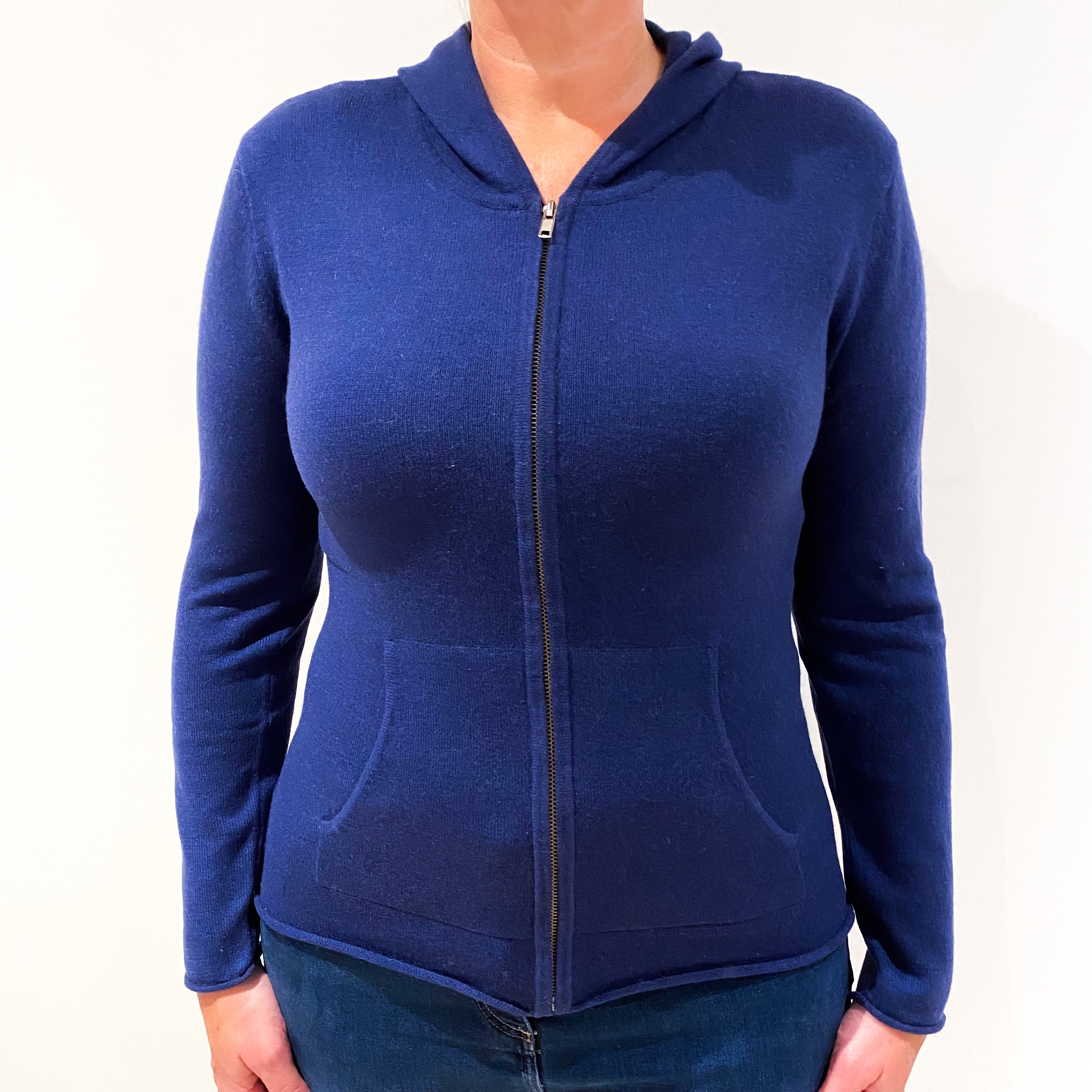 Navy Blue Zip Up Cashmere Hooded Jumper Large