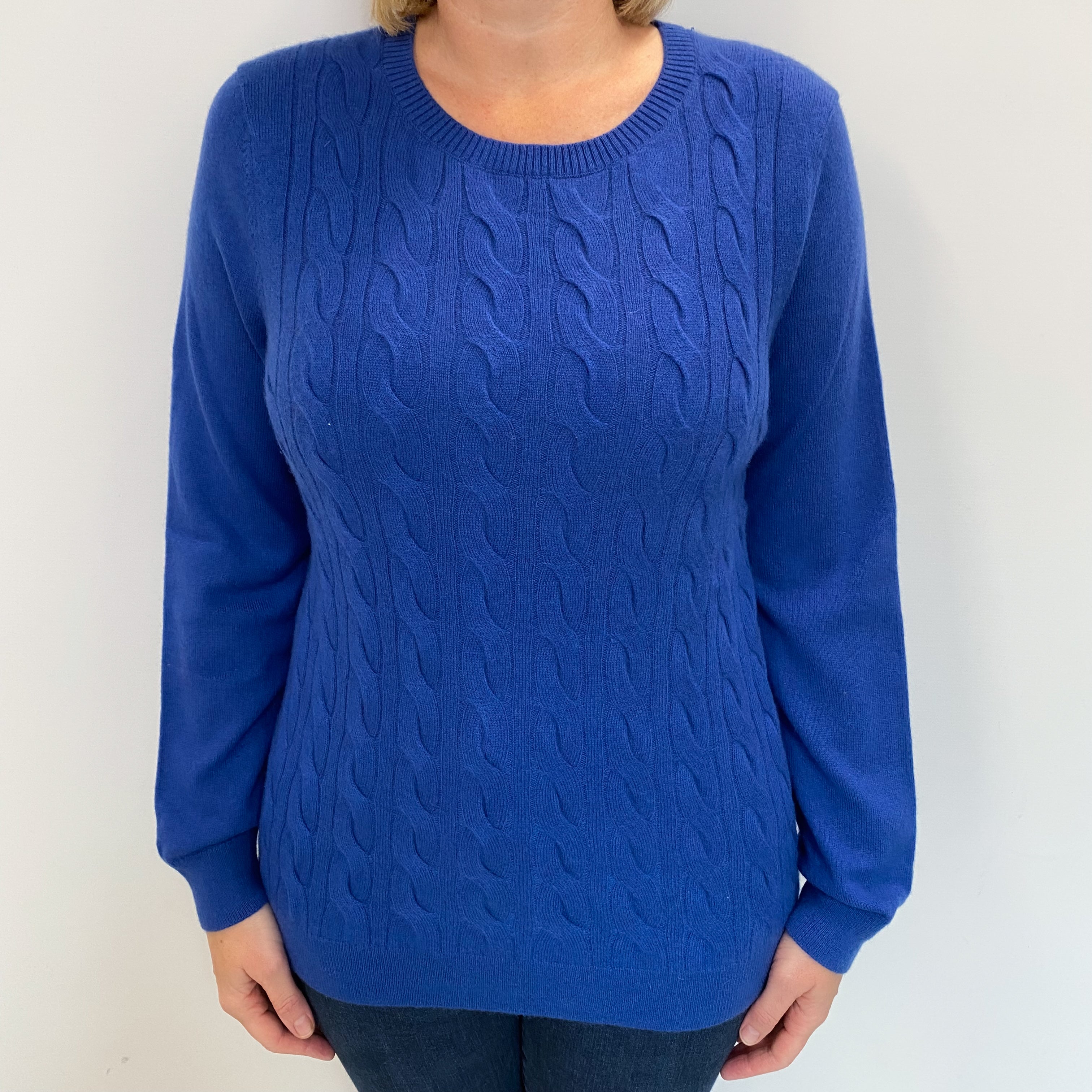 Azure Blue Cashmere Crew Neck Cable Knit Jumper Large