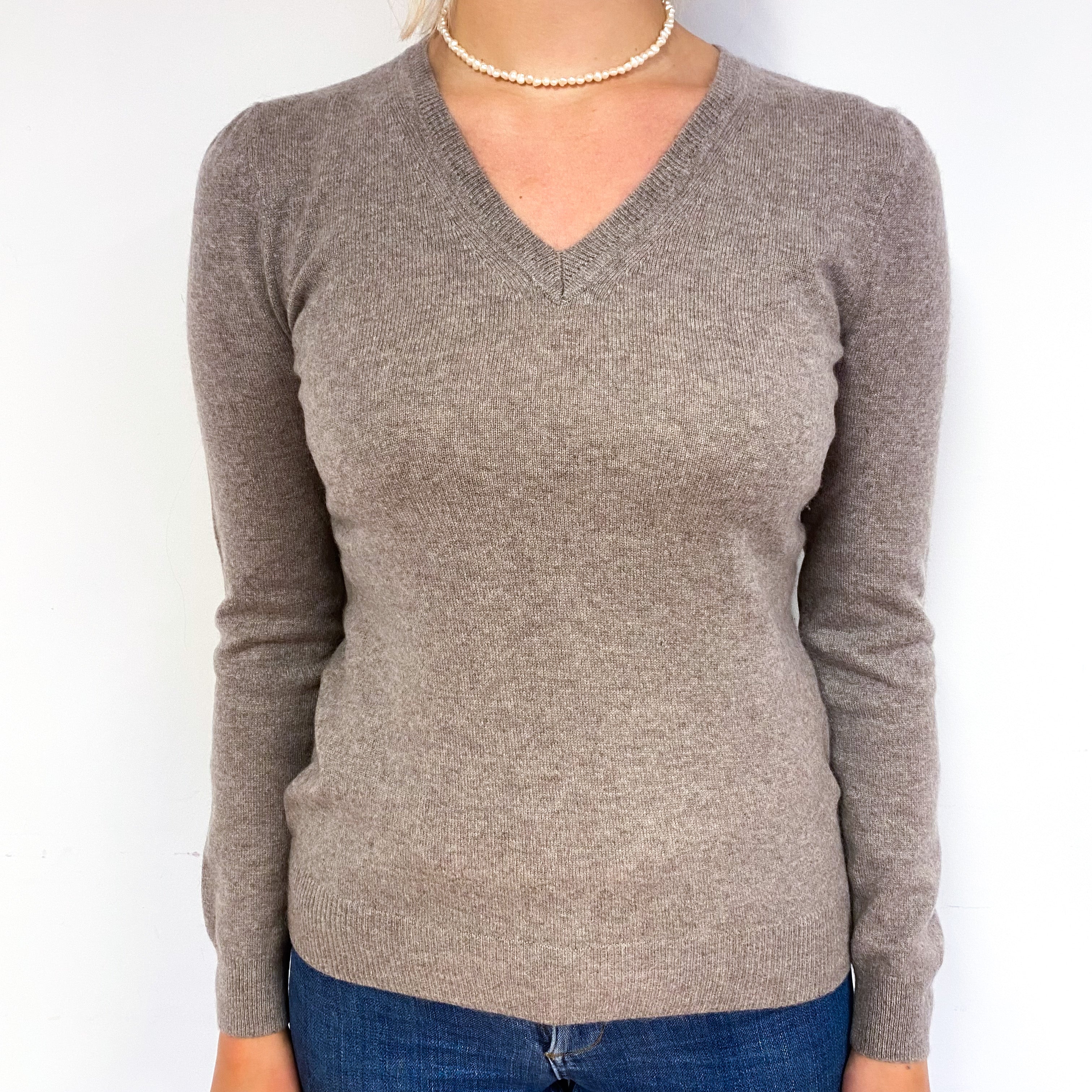 Mink Brown Cashmere V-Neck Jumper Small