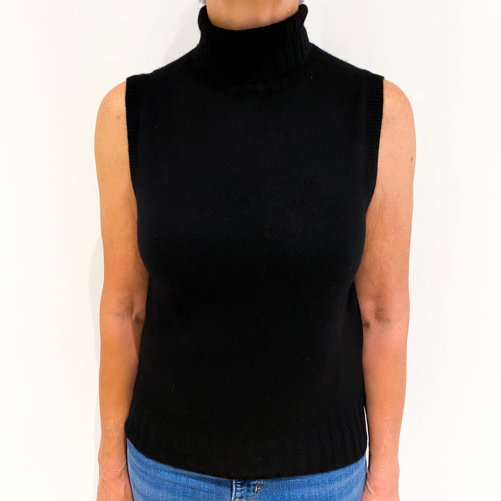 Black Cashmere Sleeveless Polo Neck Jumper Medium