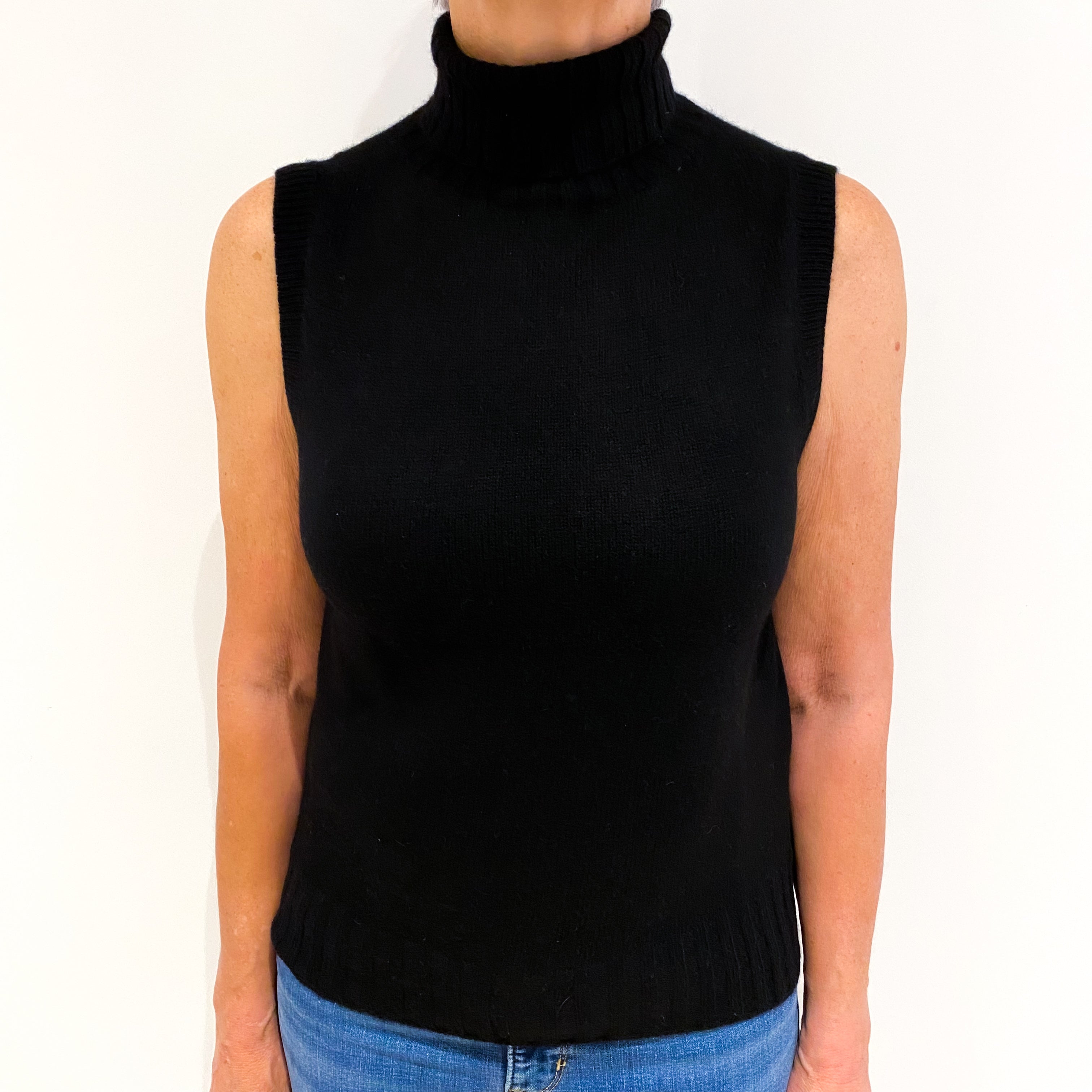Black Cashmere Sleeveless Polo Neck Jumper Medium