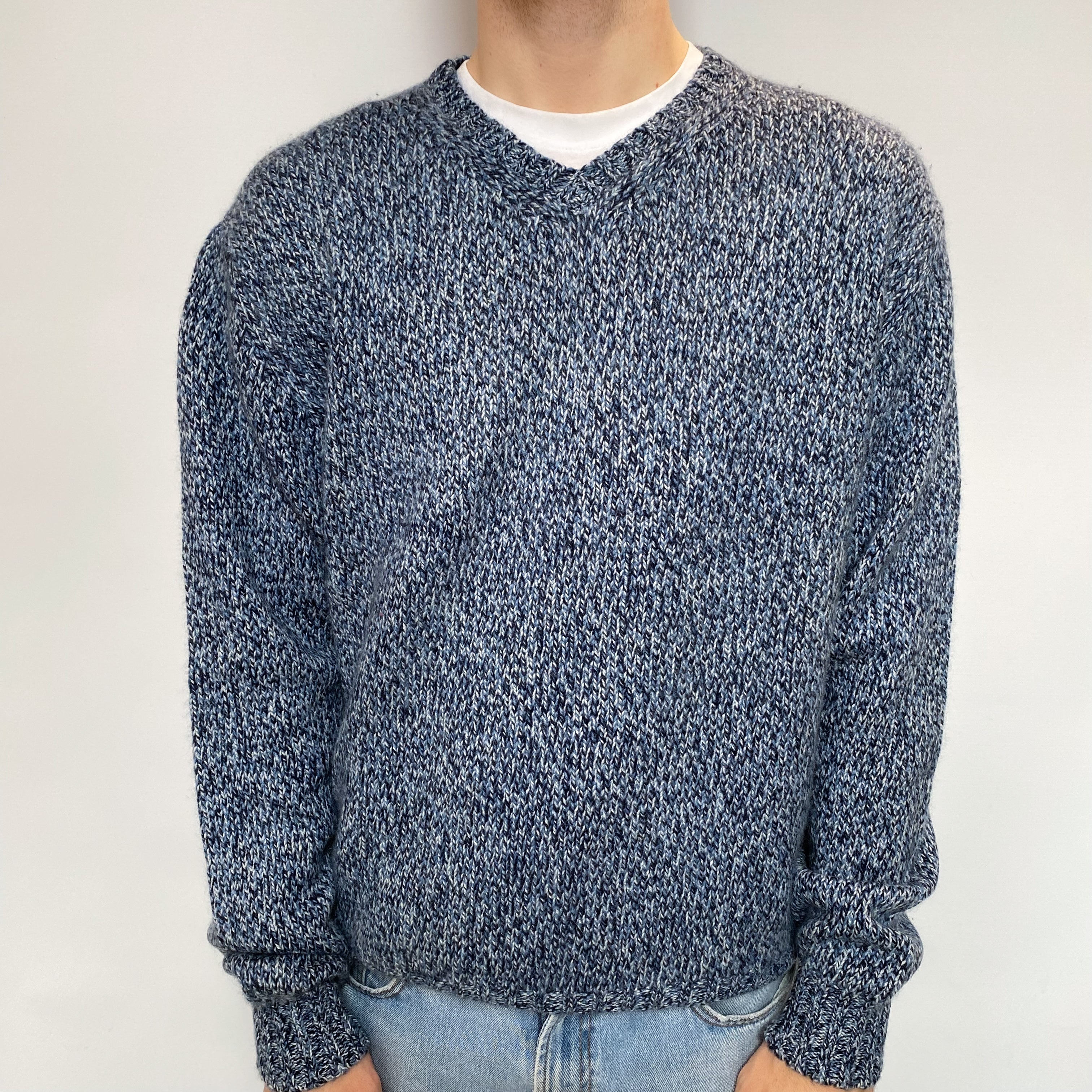 Men's Chunky Blue Marl Cashmere V Neck Jumper Large