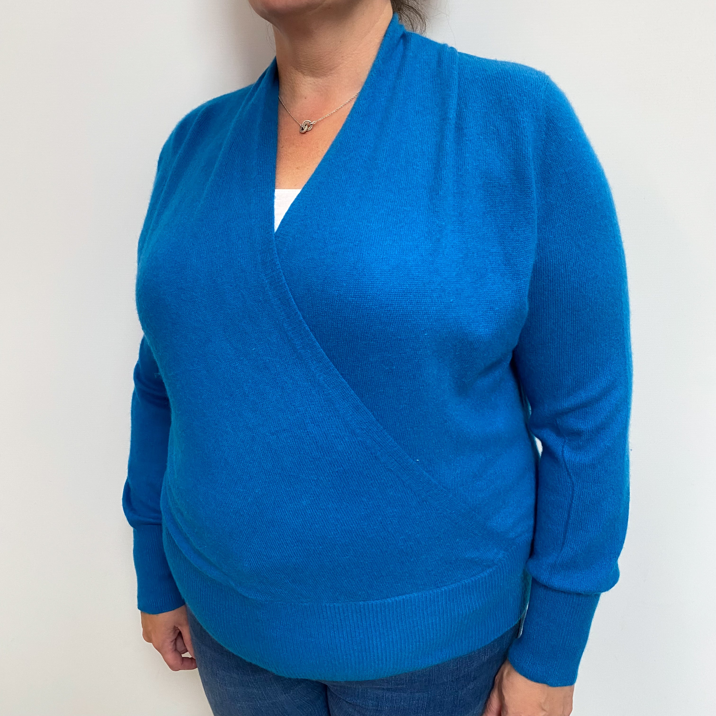 Nieman Marcus Deep Turquoise Blue Cashmere Crossover V-Neck Cardigan Extra Large