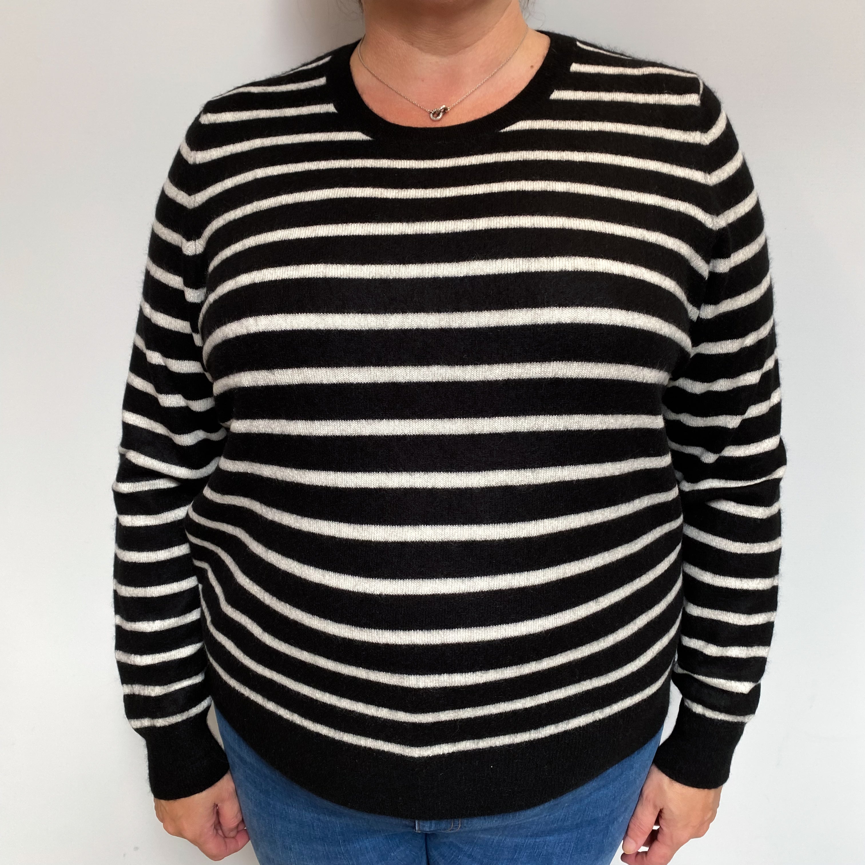 Black White Stripe Cashmere Crew Neck Jumper Extra Large