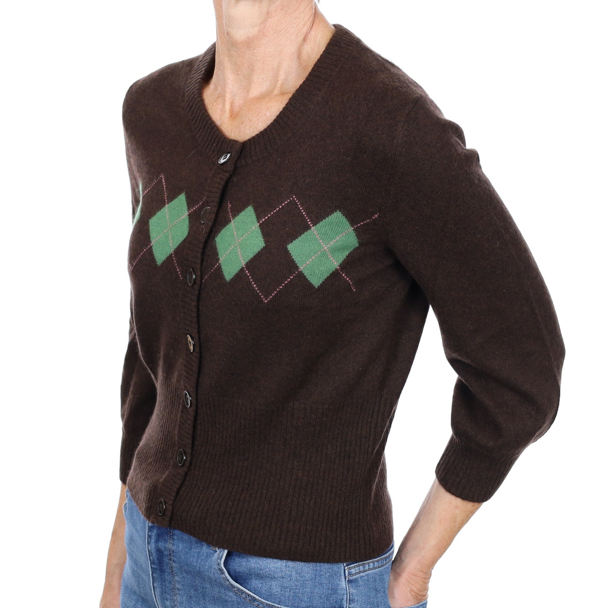 Brown Green Diamond Cashmere Crew Neck Cardigan Small