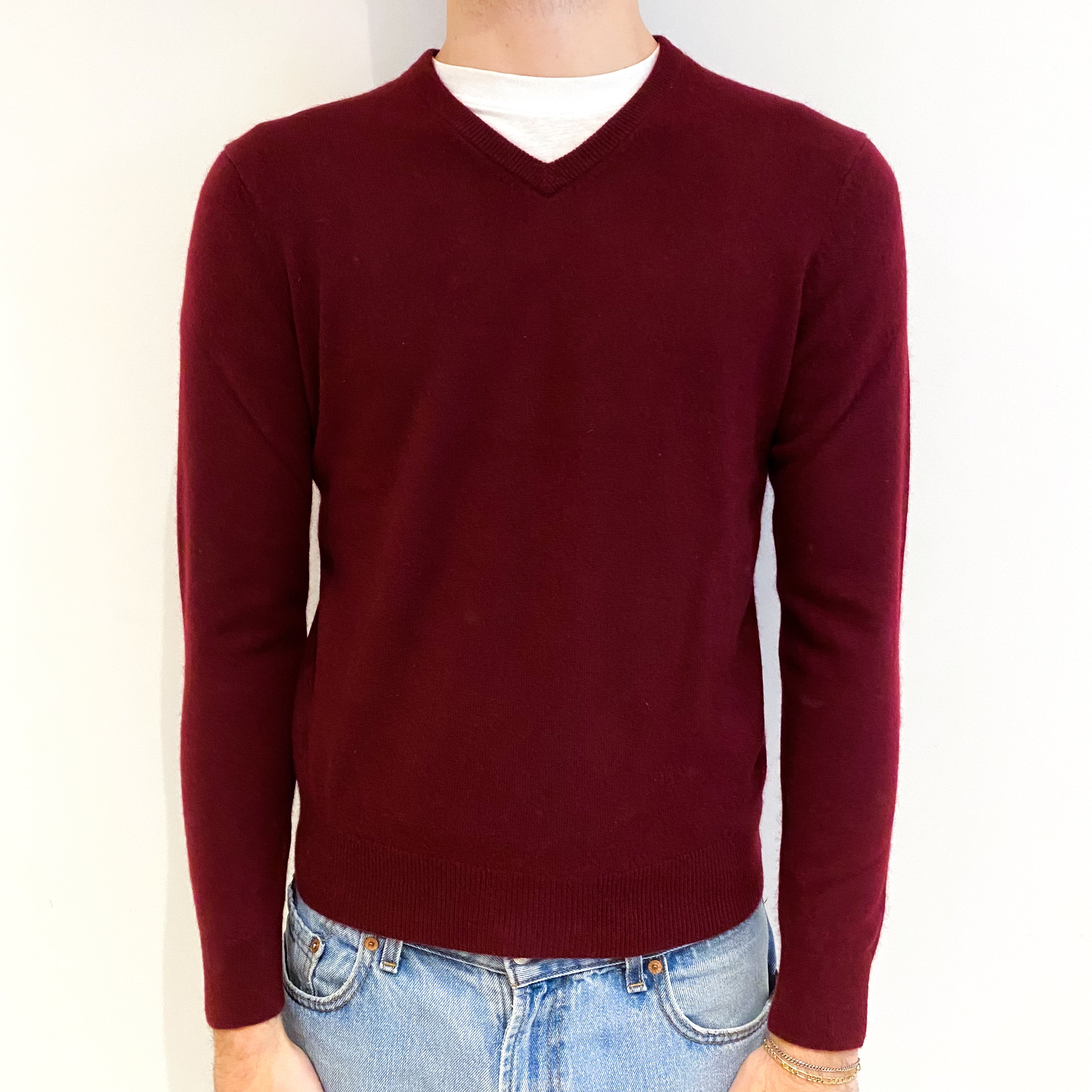 Men's Wine Red Cashmere V Neck Jumper Medium