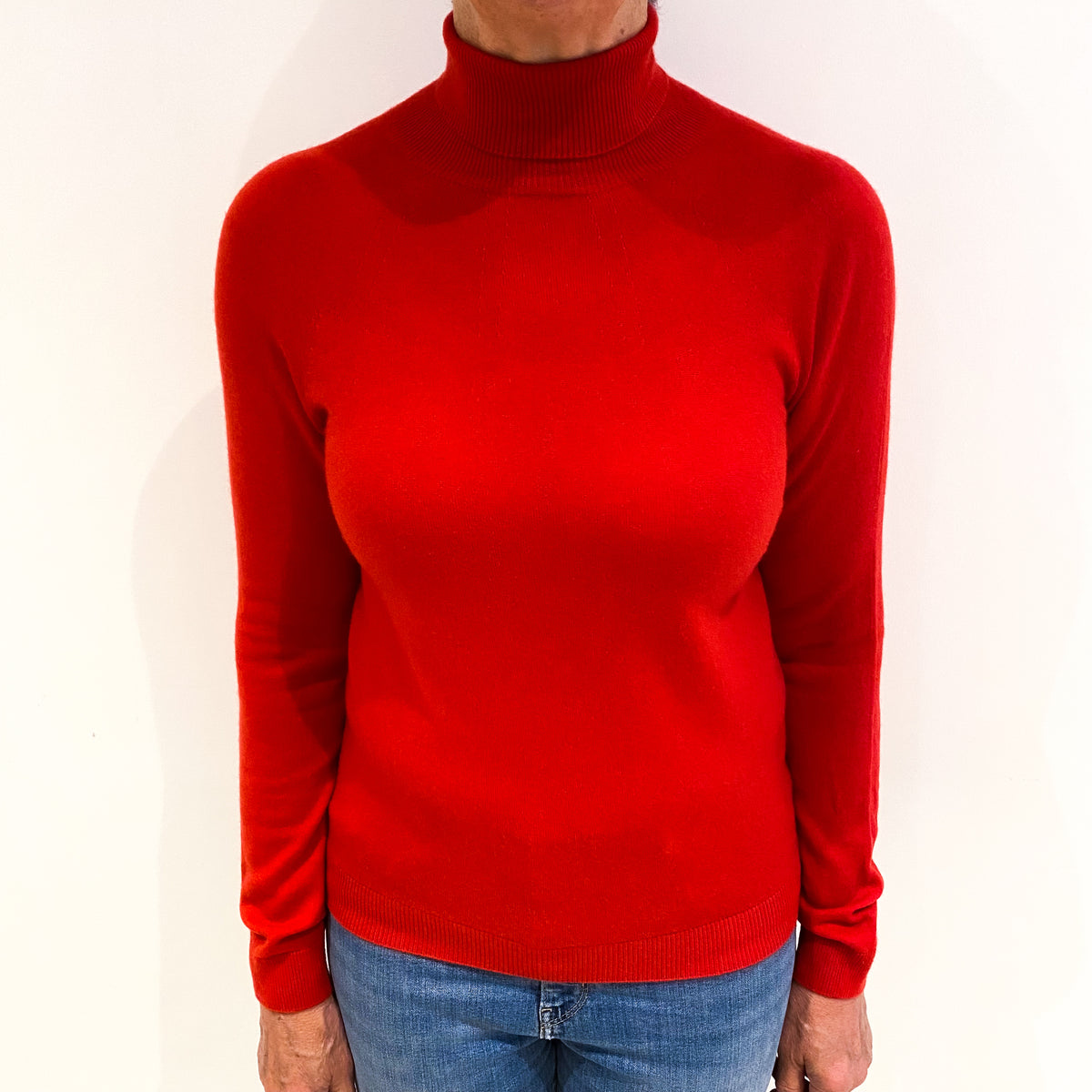 Vermillion Red Cashmere Polo Neck Jumper Medium