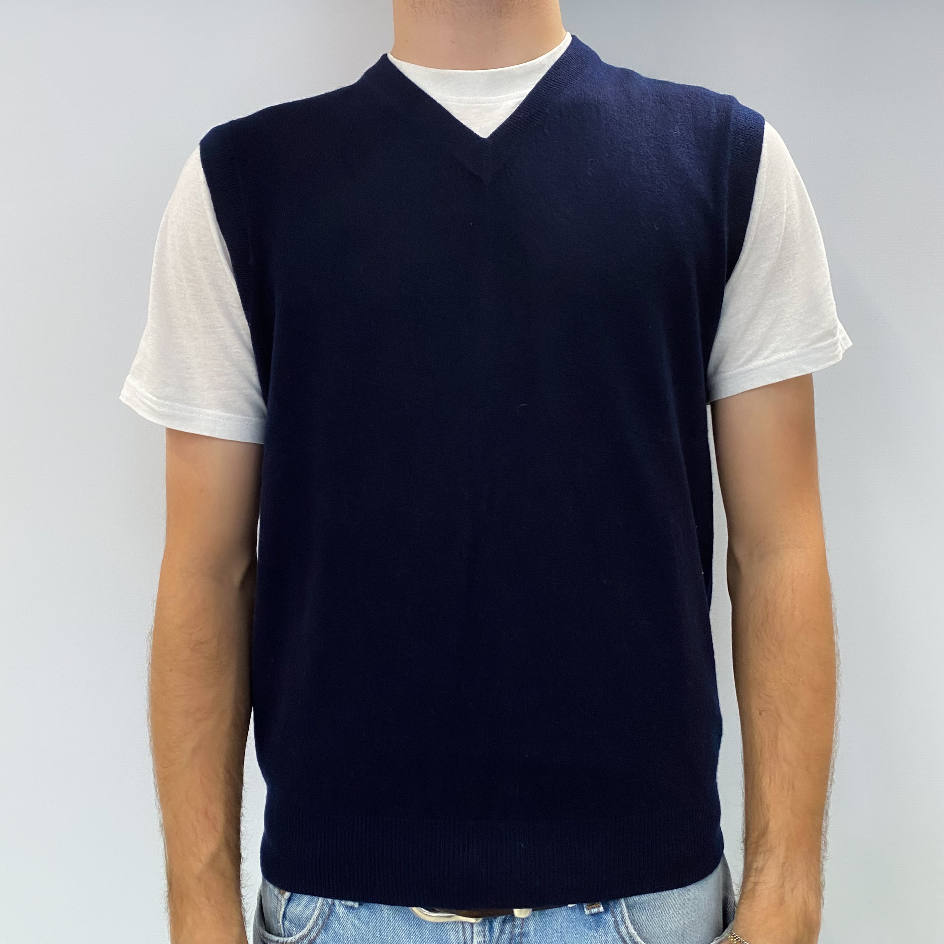 Men's Navy Blue Cashmere Sleeveless V Neck Jumper Large