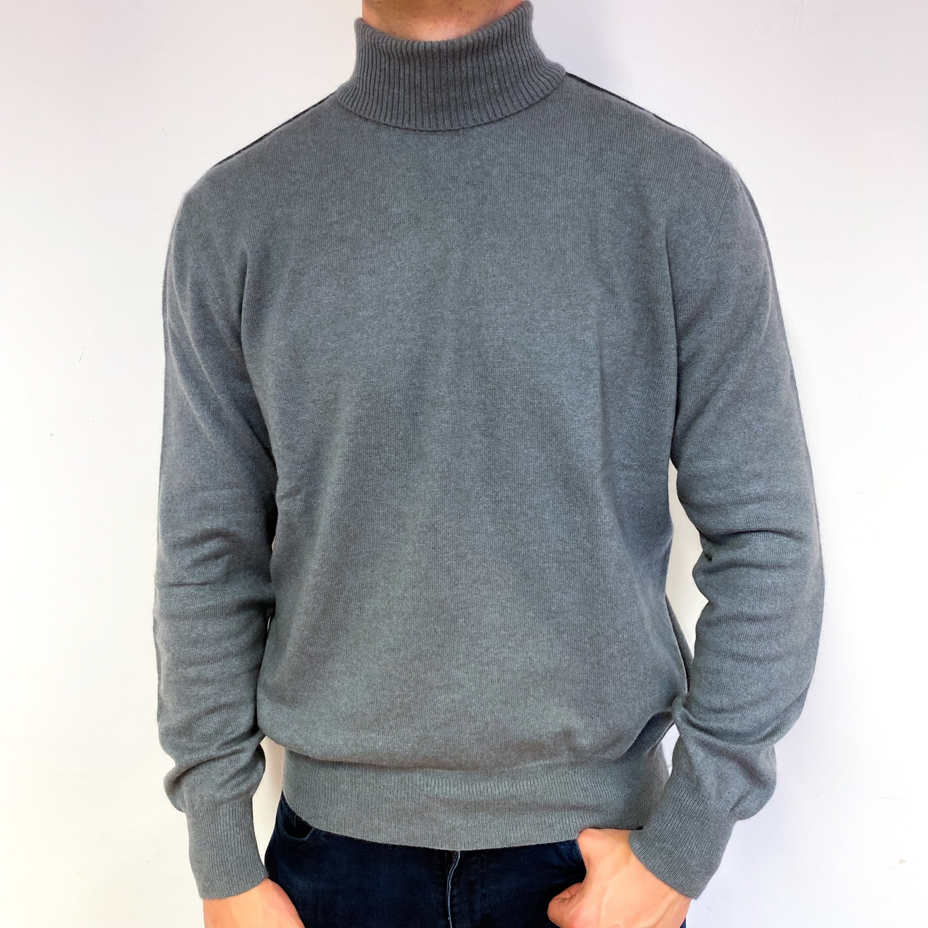 Men's John Varvatos Sage Grey Cashmere Polo Neck Jumper XXL