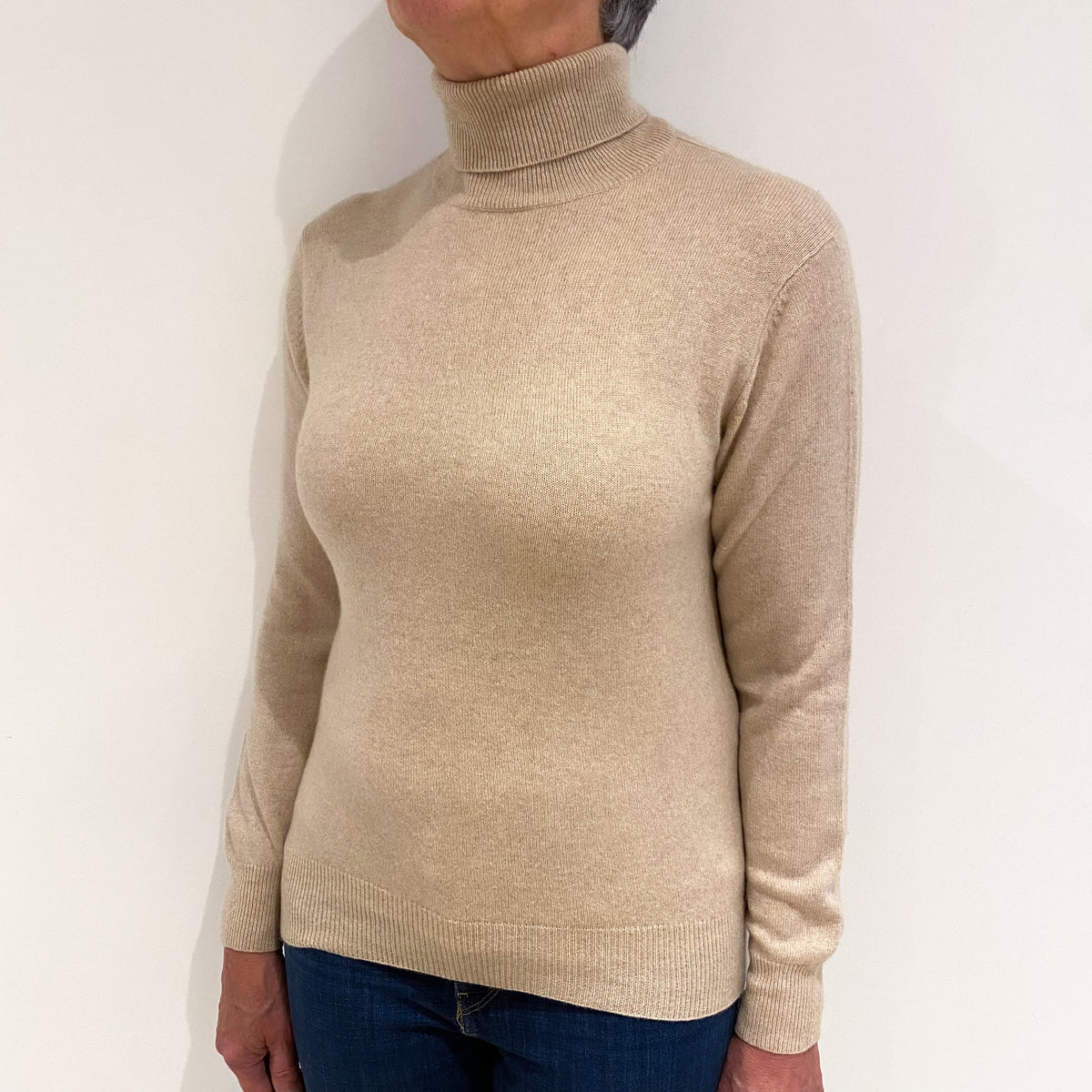 Beige Cashmere Polo Neck Jumper Medium